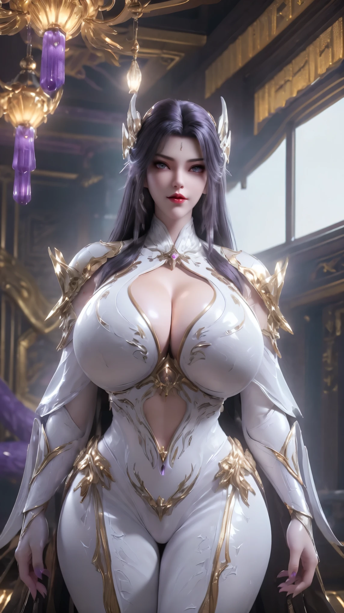 A BUSTY MILF, CLOSE UP UPPER BODY,SOLO,(BEAUTY BLACK HAIR, GOLD DRAGON HORN), (MASSIVE FAKE BOOBIES,CLEAVAGE TOP,MUSCULAR ABS:1.5), ((WEARING OUTFIT MECHA (LED PURPLE,WHITE,BLACK SNINY),BIKINI ARMOR:1.5)),(CURVY VOLUPTUOUS BODY SHAPE:1.5), (SWEATY GLOSSY BODYSKIN:1.5), (LOOKING AT VIEWER:1.6), (BACKGROUND FUTURISTIC SPACE STATION:1), (PHOTOREALSITIC:1.4), (ULTRA-DETAILLIERT), (TOP-QUALITY), (BEST SHADOWS), BRIGHT LIGHT IN ROOM, HYPER TEXTURE, (4X MSAA), ((UNREAL ENGINE 5 RENDER)), PHYSICALLY-BASED RENDERING, ULTRA HIGHT DEFINITION, 16K, 1080P.