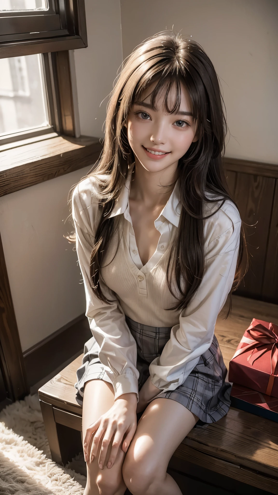 masterpiece, ultra high resolution, (realistic:1.4), (from below:1.6 portraits) RAW photo, 1 girl, 18-year-old,slender body,small breasts,((winter school uniform)),((Long hair with straight bangs)),((Hold out a cute box containing a gift to the viewer with both hands.)),((looking up at the viewer)),(blush),masterpiece, realistic pictures, saturation, contrast, ((small breasts)),((smile showing teeth)),
detailed face、fine eyes、realistic目、fine skin、real skin、detailed hair、messy hair、messy hair、Because I'm slender、beautiful body、style、In a moonlit room、((Sit on both knees))、on the bed、Put your face on your lap,(room at night)、