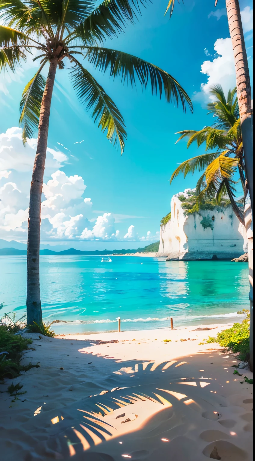 (blue turquoise water, limestone cliffs, tropical paradise, vibrant coral reefs, crystal clear waves), (exotic palm trees, white sandy beaches, secluded coves), (best quality, highres), (sun-kissed, colorful, idyllic, breathtaking:1.1) scenery, (golden sunlight, warm and inviting, tranquil atmosphere), (ethereal beauty, picturesque views)