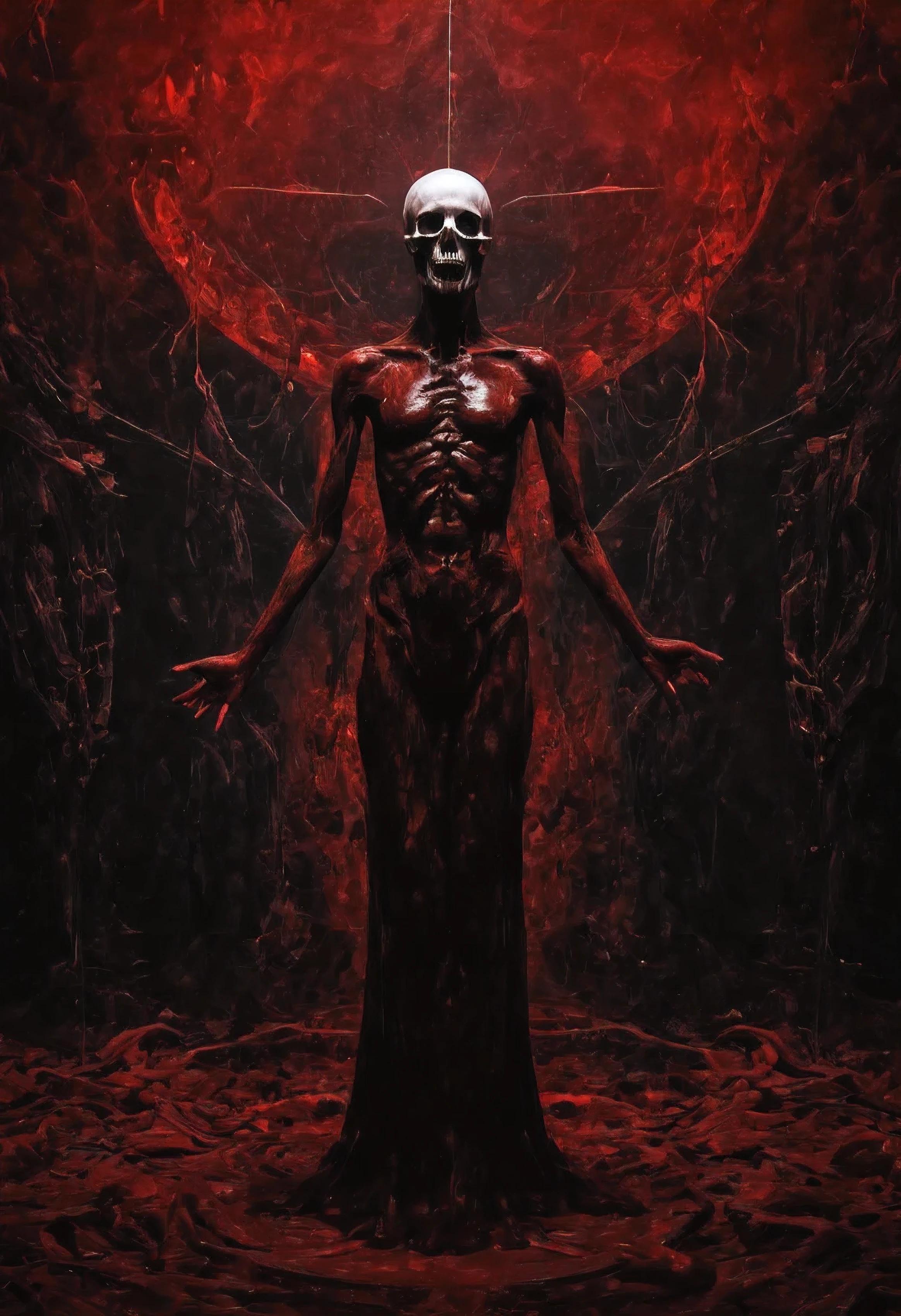 (ultra - detailed, A high resolution, Best quality at best, actual:1.37), Blood-red skull, Bone structure, full-body portraits, The presence of demons, fleshy texture, Surreal art, vivd colour, dramatic lights