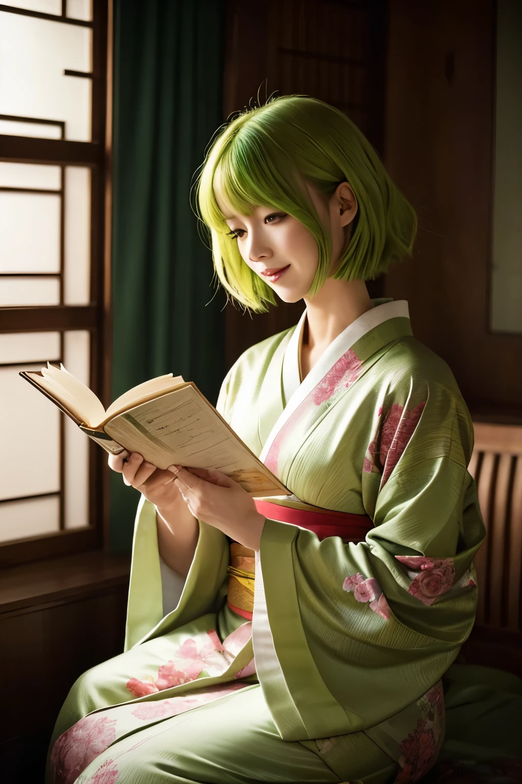 "A 30-year-old woman, with the highest quality, realistic rendering, sits peacefully in a room bathed in cinematic light. Her yellow-green hair, close to a short bob length in front and tied into a single knot at the back, frames her fair-skinned face. With a captivating smile that plays at the corners of her closed mouth, she engrosses herself in an expensive kimono, completely absorbed in the pages of a book she's reading aloud. The intricate details of her attire and the delicate creases of the fabric reveal the masterpiece's top-quality production. The room around her fades into a blur of beautiful, soft shadows