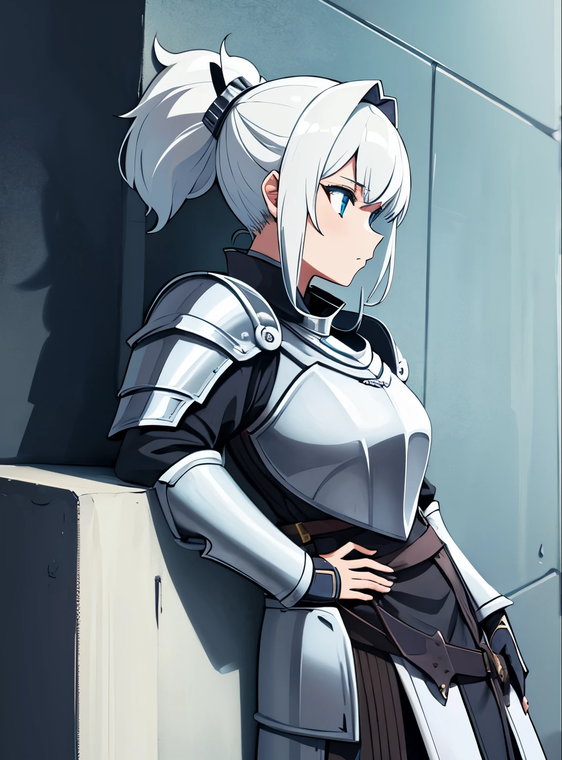 One girl, ponytail hairstyle, knight helmet, in knight armor , leaning back on the wall, with some accessories, (cool look 1)