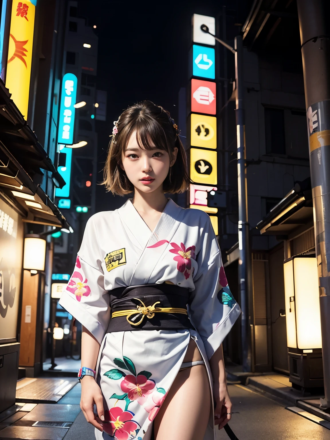 masterpiece, Photorealistic, hot girl, hidden by stickers,illustration,ultra-detailed,vibrant colors,neon lights,playful expression,fashionable clothes,posing in a vibrant cityscape,graffiti , (Japanese idle:1.5), background,urban style,retro elements,glowing effects,collage art,modern art