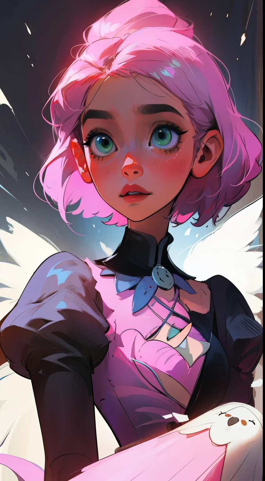 Alisa bosconovitch, melhor qualidade, contemporary, estilo plano, minimalismo, Green Eyes Flat Illustration, cabelo rosa, cabelo curto, cabelos multicoloridos, Camisa Preta, mechanical wings, Head Portrait Close-U, peito pontudo, decote, super decote, middlebreasts, Tekken,cabelo rosa pastel, 1girl, em quimono, hand-painted,Desenho de linha sem cor, colorida do yandere pastel, Tekken, Super cute pink hair girl with gothic makeup on the side, com roupa de empregada,figura esbelta,robusto,He sat on the floor,Vestido com roupas de empregada rosa e branco,cabelos muito curtos,com orelhas de gato,quadratic element,, kawaii cor-de-rosa na roupa da era de 1910, Alisa Bosconovich pink lips, no estilo da paleta de cores suave aurorapunk, an anime illustration of his face, gifs animados, hand drawn animation, charming sketches, suave e brilhante, romantismo nebuloso, Estilo Superflat, fundo branco - ar 1:1 - niji 5 - estilo expressivo --s 50 ,Pink kawaii girl in the era of 1920s clothesPink eagles, vestindo uma camisa branca brilhante, no estilo da paleta de cores suave aurorapunk, an anime illustration of his face, gifs animados, hand drawn animation, charming sketches, suave e brilhante, romantismo nebuloso, Estilo Superflat, fundo branco - ar 1:1 - niji 5 - estilo expressivo --s 50, Absurdo, alto, ultra detalhados, (1girl:1.3), quebrar , Crie uma imagem com uma bela caligrafia