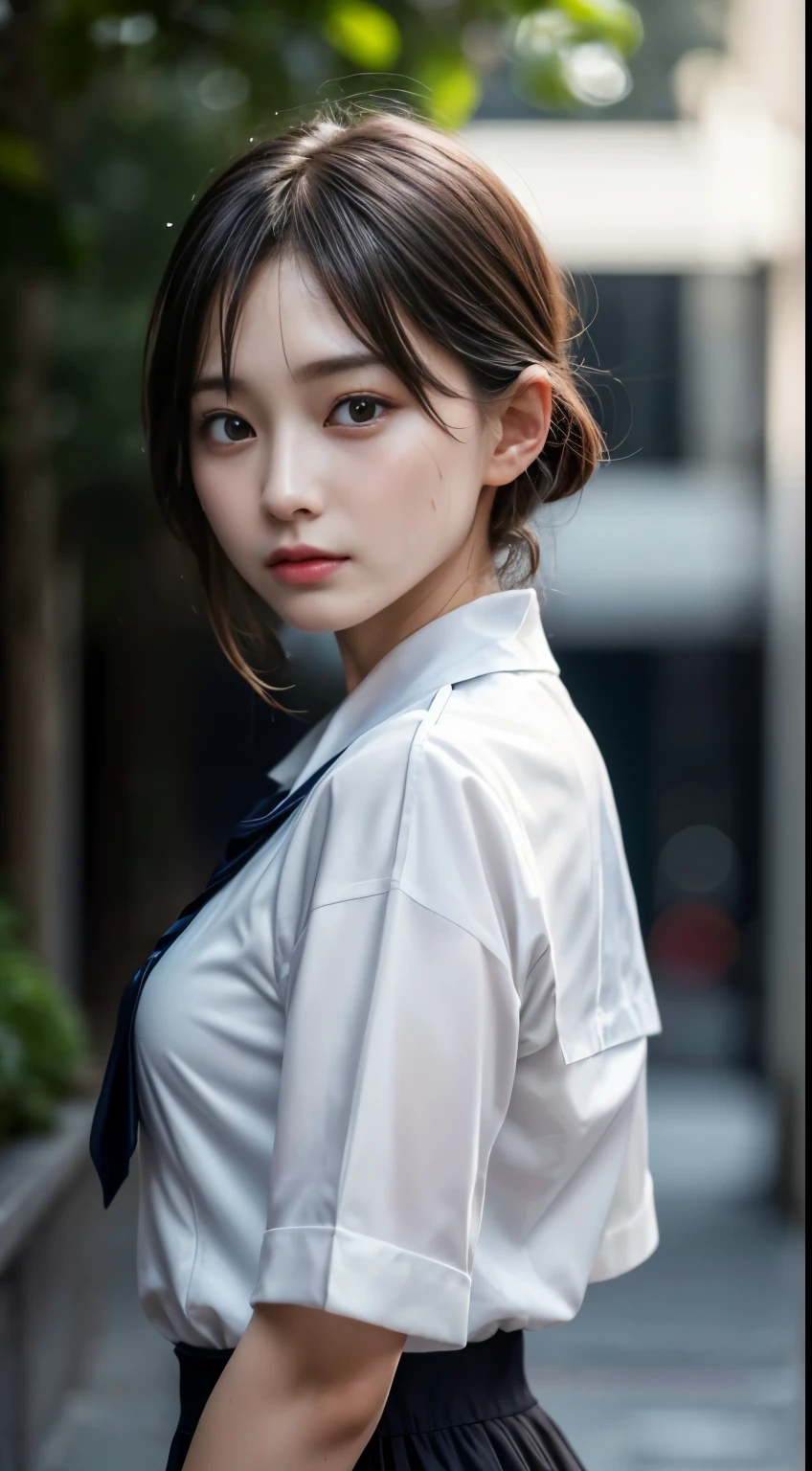 realistic glowing skin, (sweating:1.4),standing backwards,Look back at your face,always look at the camera, The uniform becomes transparent when it gets wet.,
classic white and black sailor suit,summer clothes,cold look,cold gaze,black hair,,tie hair short,White skin as clear as silk,best realistic depiction,(very detailed美しい顔), wonderful face and eyes, (highest quality:1.4), (Super detailed), (very detailed CG 統合 8k 壁紙), very detailed, High resolution RAW color photos, professional photography, realistic portrait,
(Detailed full body RAW photo of girl), Canon EOS R5 250mm, sharp focus, cinematic lighting, (no makeup:1.2), Fine skin texture, fine clavicle texture,Detailed texture of sailor suit,Very realistic sailor uniform texture,(ultra high resolution:1.6), (realistic:1.6),