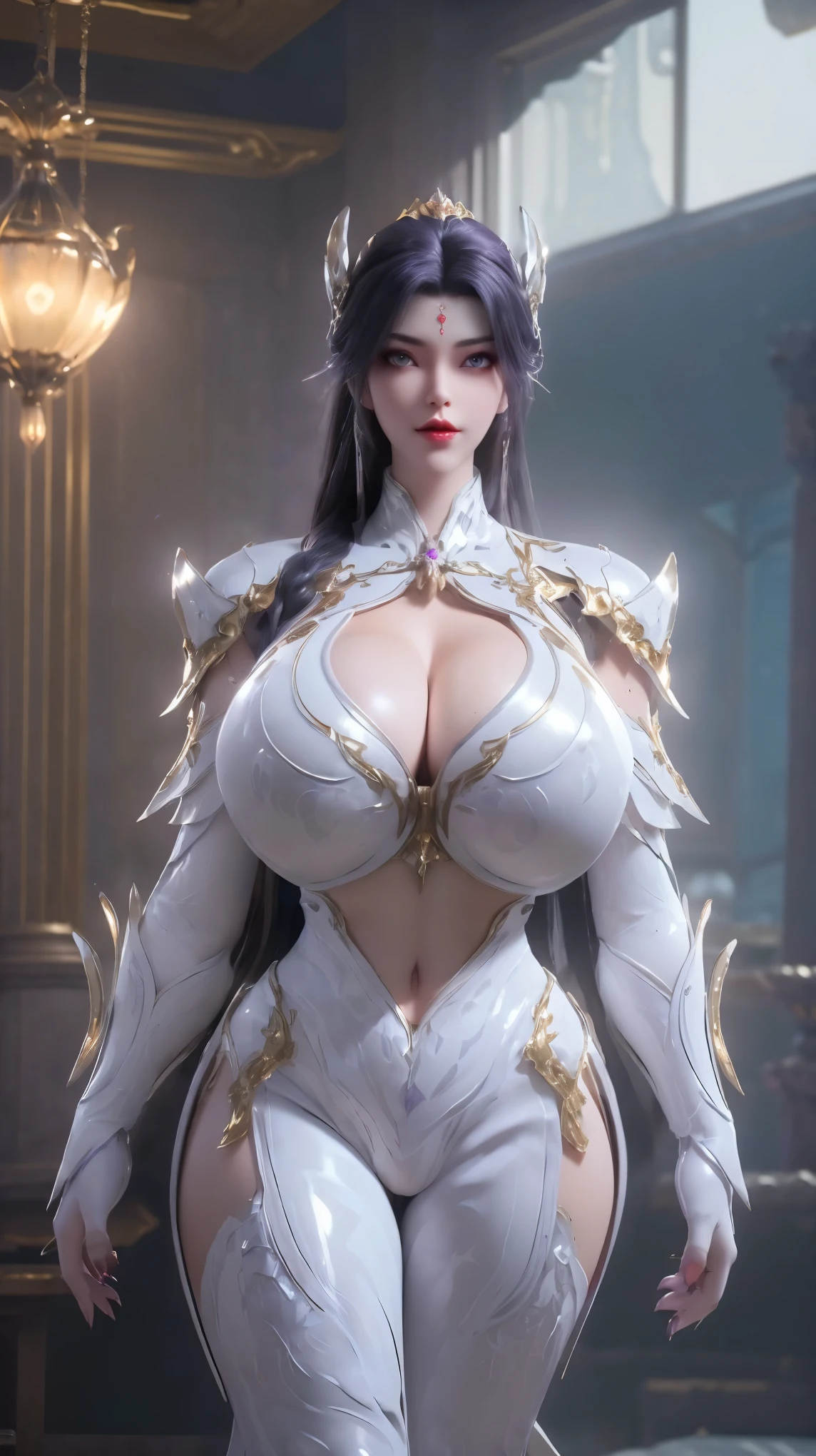 A BUSTY MILF, CLOSE UP UPPER BODY,SOLO,(BEAUTY BLACK HAIR, GOLD DRAGON HORN), (MASSIVE FAKE BOOBIES,CLEAVAGE TOP,MUSCULAR ABS:1.5), ((WEARING OUTFIT MECHA (LED PURPLE,WHITE,BLACK SNINY),BIKINI ARMOR:1.5)),(CURVY VOLUPTUOUS BODY SHAPE:1.5), (SWEATY GLOSSY BODYSKIN:1.5), (LOOKING AT VIEWER:1.6), (BACKGROUND FUTURISTIC SPACE STATION:1), (PHOTOREALSITIC:1.4), (ULTRA-DETAILLIERT), (TOP-QUALITY), (BEST SHADOWS), BRIGHT LIGHT IN ROOM, HYPER TEXTURE, (4X MSAA), ((UNREAL ENGINE 5 RENDER)), PHYSICALLY-BASED RENDERING, ULTRA HIGHT DEFINITION, 16K, 1080P.