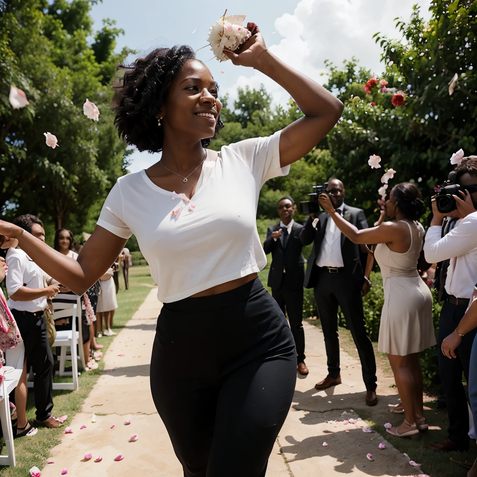 A thirty-year-old black woman entering with a basket throwing petals at a wedding with photographers around taking photos