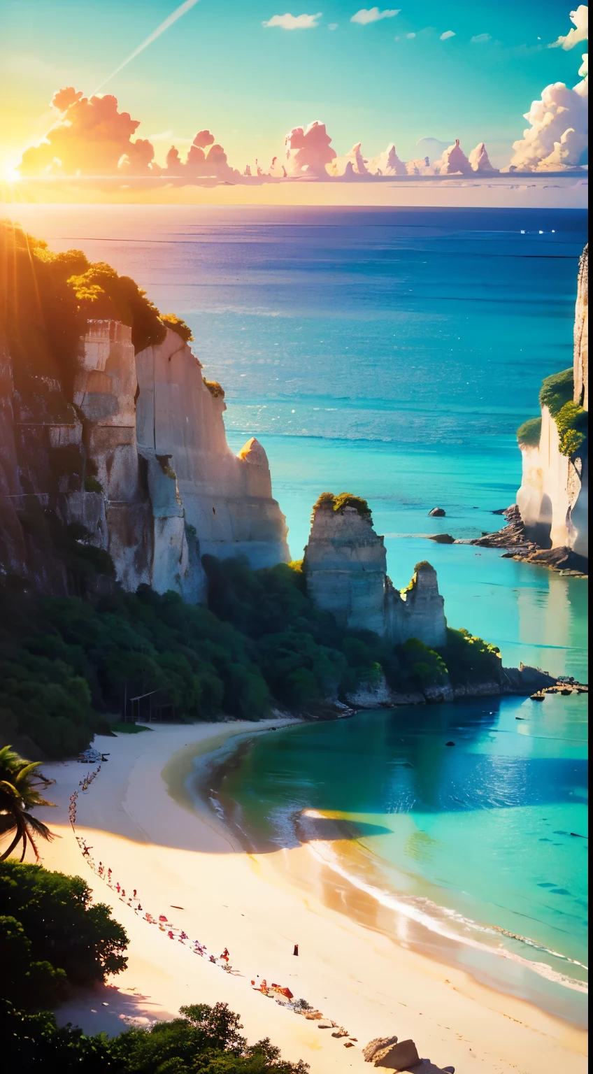 (blue turquoise water, limestone cliffs, tropical paradise, vibrant coral reefs, crystal clear waves), (exotic palm trees, white sandy beaches, secluded coves), (best quality, highres), (sun-kissed, colorful, idyllic, breathtaking:1.1) scenery, (golden sunlight, warm and inviting, tranquil atmosphere), (ethereal beauty, picturesque views)