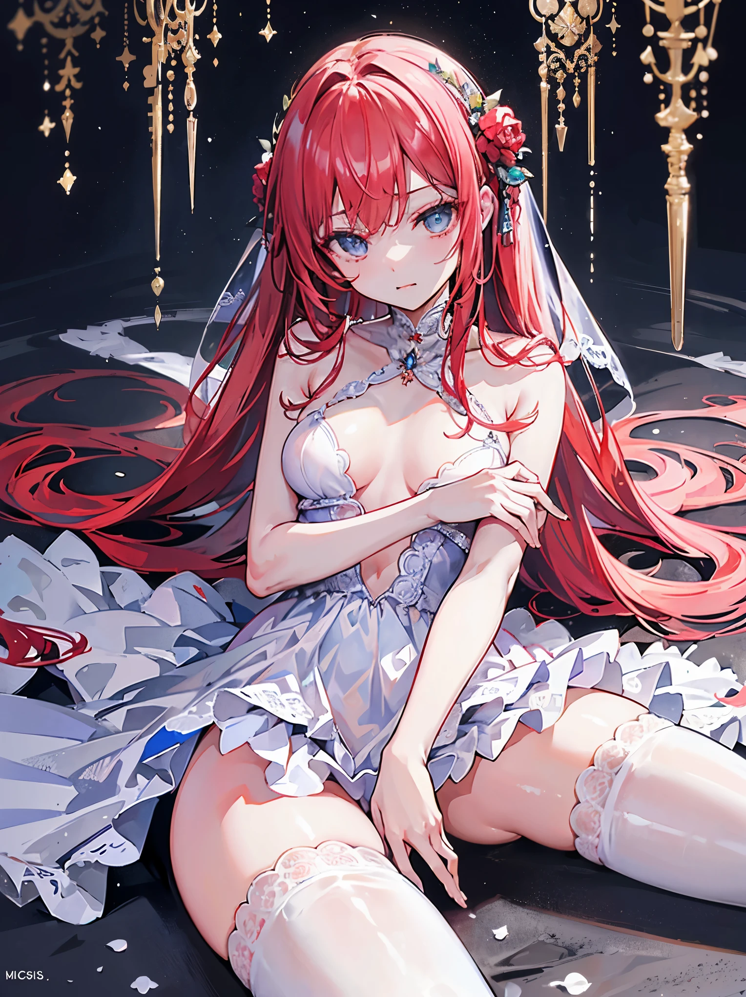 best quality,highly detailed,ultra-detailed,masterpiece,illustration,absurdres,incredibly_absurdres,an extremely delicate and beautiful girl,beautiful detailed glow,ultra-detailed,beautiful and delicate water,extremely_detailed_eyes_and_face,{{drill hair}},{{{evening dress}}},white_thighhighs,small breast,{{{{mesugaki}}}},vampire,spread legs,top-down_bottom-up,bent_over,{{{jitome}}},{{{smug}}},{{red hair}},cross