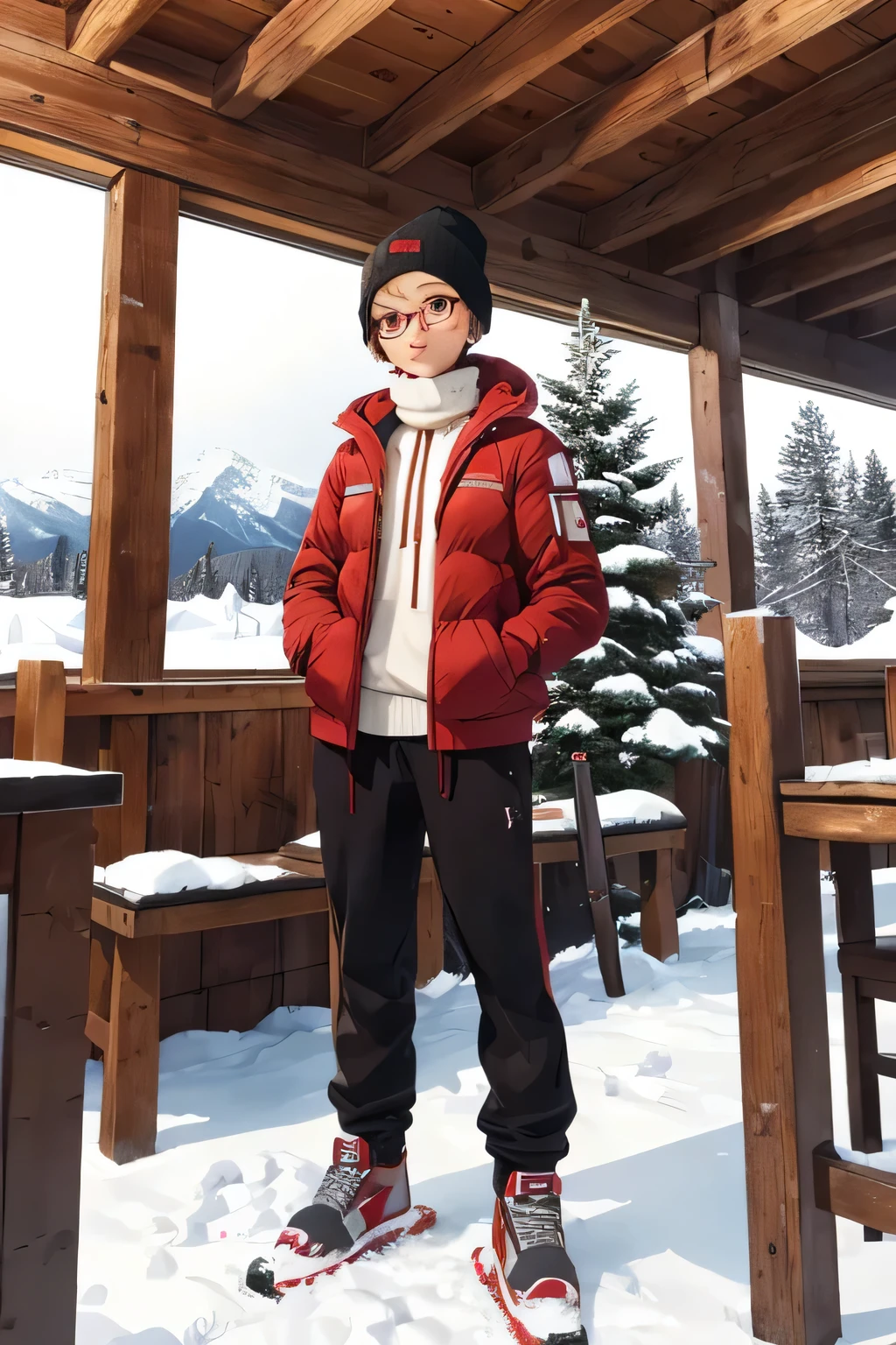 ((best quality)), ((masterpiece)), (detailed), perfect face, age brown girl, short hair, golden glasses, cream beanie, girl, dark brown skiing jacket, red skiing gloves, white sweatpants, red skiing gliders with red and black skiing sticks on a backdrop of snow with a wooden cabin with a snowy roof on the left and a few pine trees on the right. standing and look slightly to the left. full photo. digital art. Girl