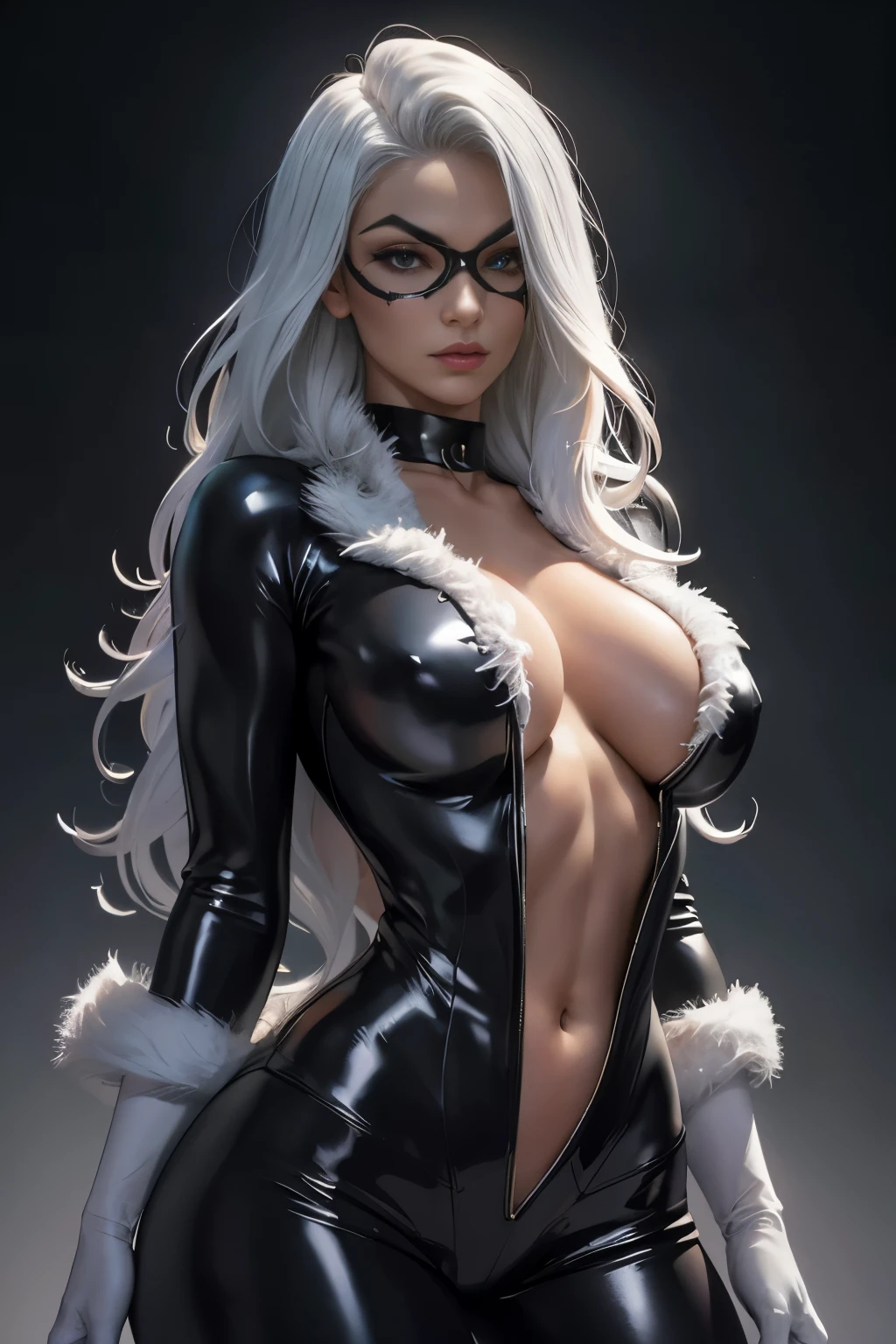 black cat,beautiful face,protruding breasts,white long hair,detailed fur texture,sharp focus,piercing eyes,intense gaze,delicate whiskers,elegant posture,mysterious aura,high contrast,soft shadows,vibrant colors,artistic rendering,realistic painting style,nighttime scenery,moonlight illumination,sleek physique,graceful movements,curved tail,intense expression,hidden secrets,mesmerizing presence,attention to details,photorealistic details,subtle highlights,darker tones,alluring beauty,sleek and shiny coat, frame,playful yet mysterious,engaging personality,intense connection,strong visual impact,stunning artwork,professional composition,high-resolution masterpiece,attention-grabbing,eye-catching composition,provocative and alluring,expressive and captivating gaze, platinum white hair, black mask