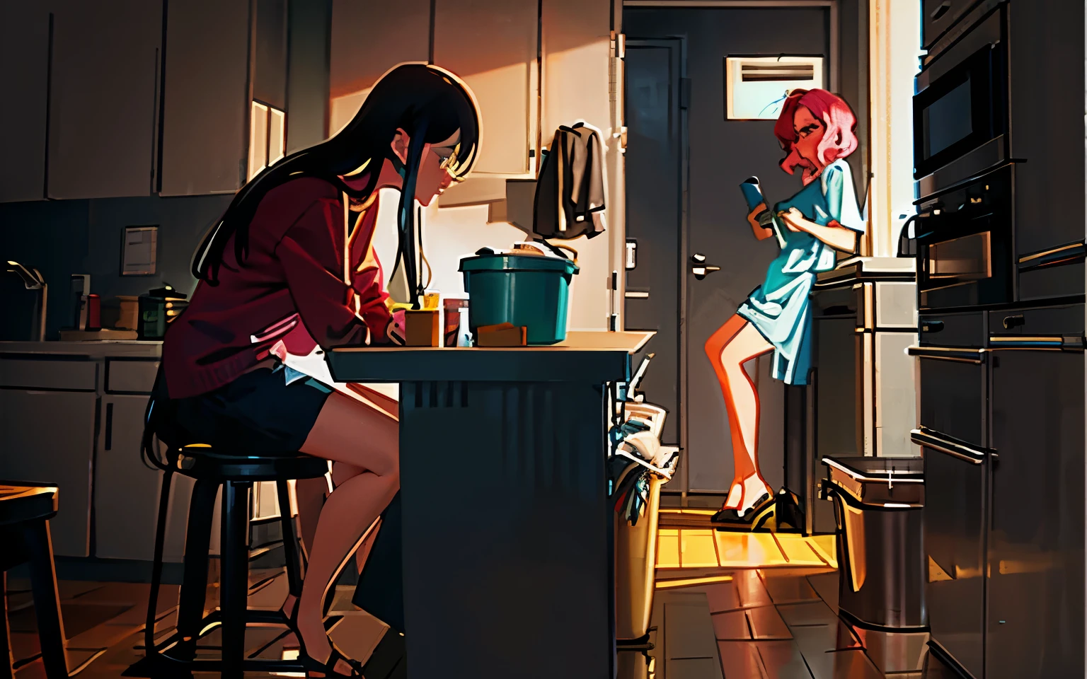 Cartoon of a woman standing next to the kitchen trash can peeking at two people being intimate, emotional picture, Emotion concept art, Humorous illustration, dramatic illustration