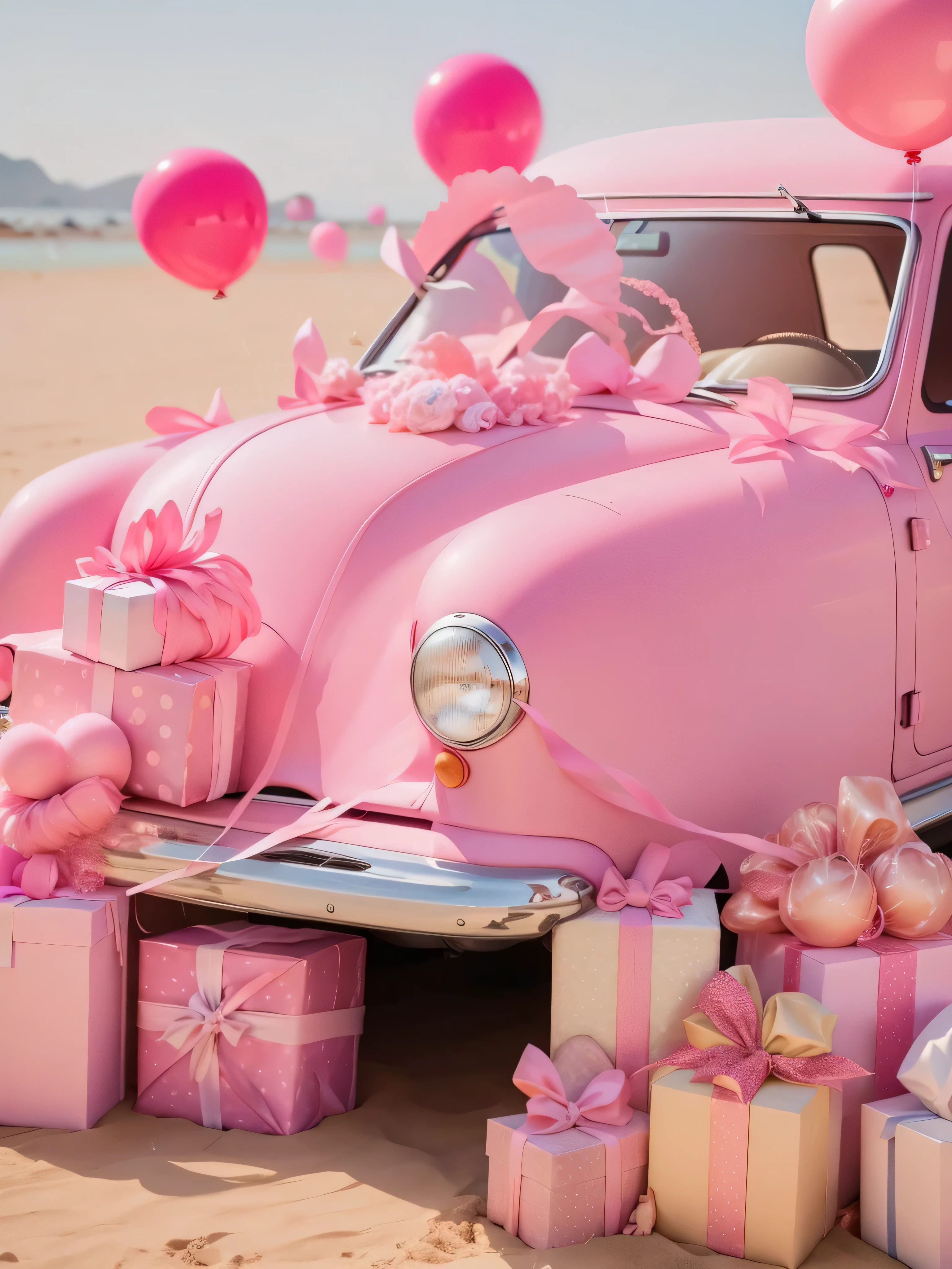 pink car with pink balloons and presents on the beach, pink, pink power, soft light 4 k in pink, pink pastel, (pink colors), pink magic, shades of pink, inspired by Peter Alexander Hay, pink color scheme, heaven pink, pink and pink details, pastel pink, How cute, pink hues, with soft pink colors, Gift, some pink