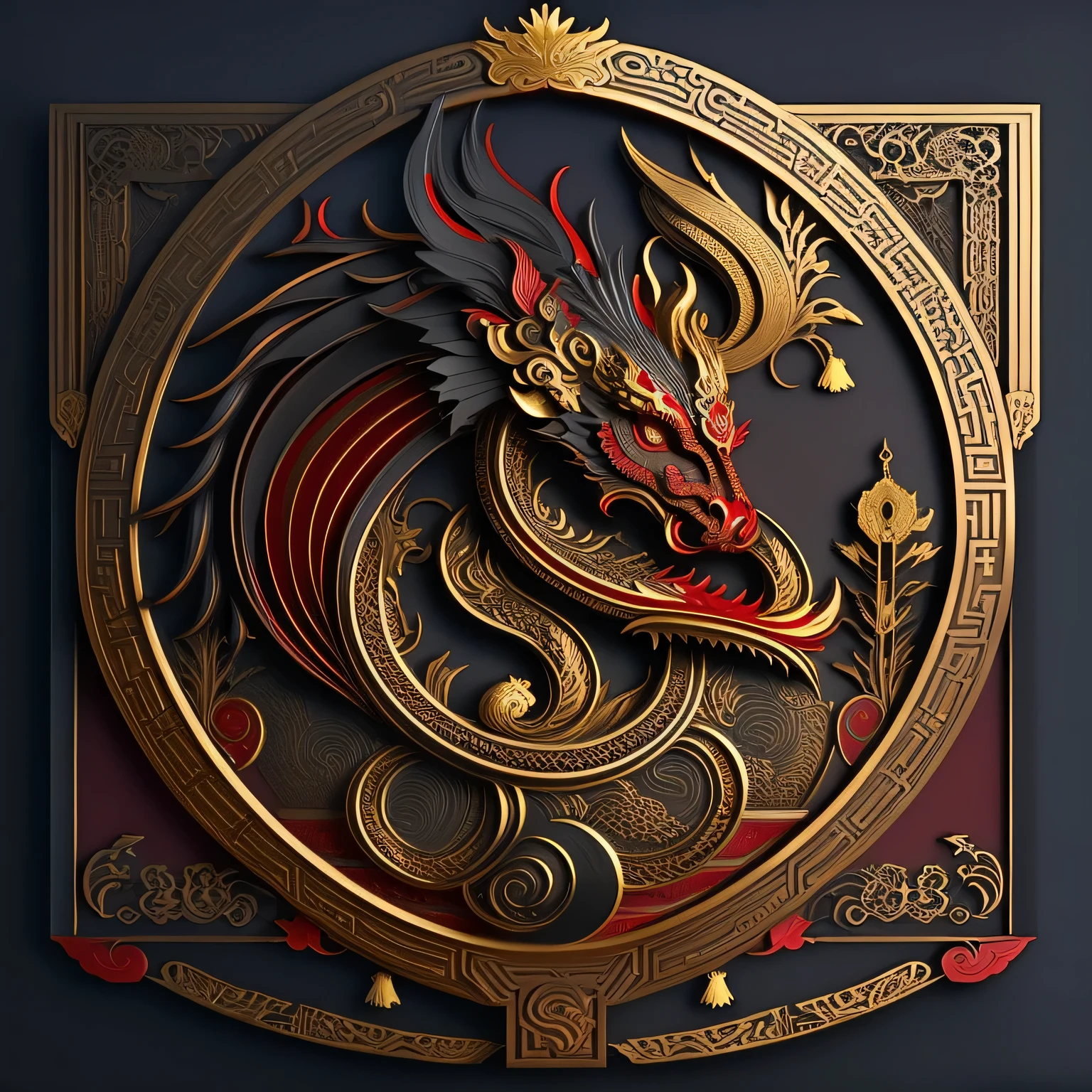 crimson and gold, Chinese dragon, head, sculpture, matte deep red, gold plated, Volume shadow, Artificial pattern, Surrounded by an intricate decorative border, matte deep red and gold ornament, Very detailed digital art, 3d rendering, 16
