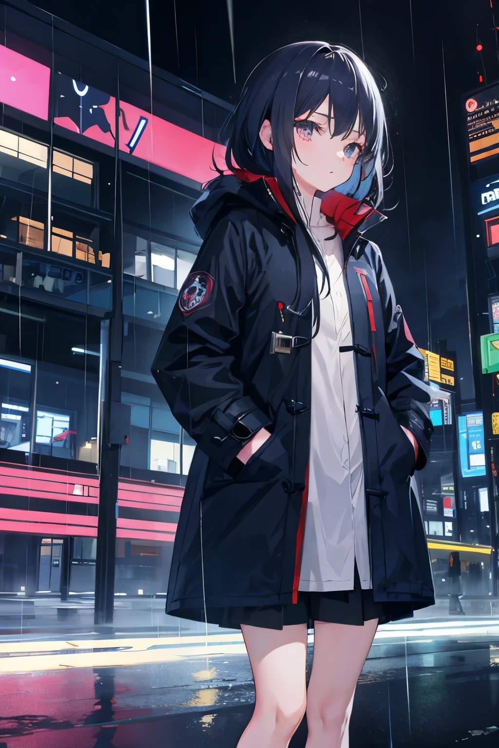 1 girl,night city,rain,coat,hands in pocket