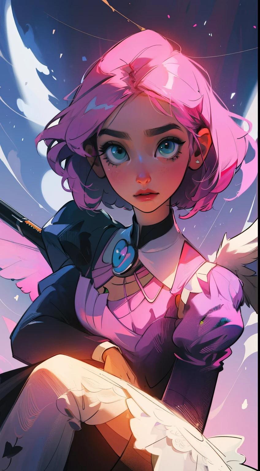 Alisa bosconovitch, melhor qualidade, contemporary, estilo plano, minimalismo, Green Eyes Flat Illustration, cabelo rosa, cabelo curto, cabelos multicoloridos, Camisa Preta, mechanical wings, Head Portrait Close-U, peito pontudo, decote, super decote, middlebreasts, Tekken,cabelo rosa pastel, 1girl, em quimono, hand-painted,Desenho de linha sem cor, colorida do yandere pastel, Tekken, Super cute pink hair girl with gothic makeup on the side, com roupa de empregada,figura esbelta,robusto,He sat on the floor,Vestido com roupas de empregada rosa e branco,cabelos muito curtos,com orelhas de gato,quadratic element,, kawaii cor-de-rosa na roupa da era de 1910, Alisa Bosconovich pink lips, no estilo da paleta de cores suave aurorapunk, an anime illustration of his face, gifs animados, hand drawn animation, charming sketches, suave e brilhante, romantismo nebuloso, Estilo Superflat, fundo branco - ar 1:1 - niji 5 - estilo expressivo --s 50 ,Pink kawaii girl in the era of 1920s clothesPink eagles, vestindo uma camisa branca brilhante, no estilo da paleta de cores suave aurorapunk, an anime illustration of his face, gifs animados, hand drawn animation, charming sketches, suave e brilhante, romantismo nebuloso, Estilo Superflat, fundo branco - ar 1:1 - niji 5 - estilo expressivo --s 50, Absurdo, alto, ultra detalhados, (1girl:1.3), quebrar , Crie uma imagem com uma bela caligrafia