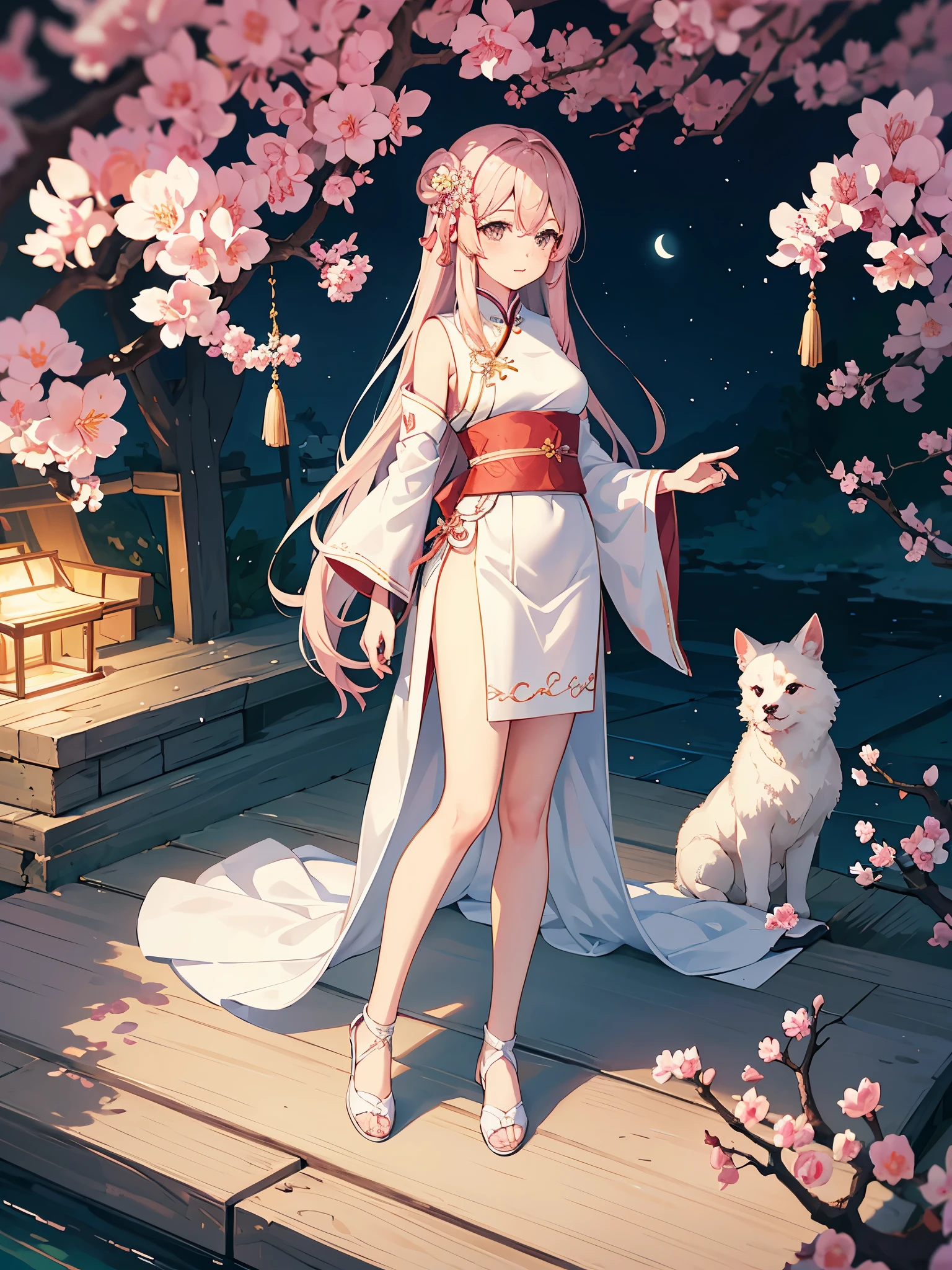 Under the peach blossom tree,With the moon as a background,The sky is filled with stars as a backdrop,a girl(Royal sister ,It's like a fairy)Wearing white silk(White in red,Key points reflected),Transparent apron(Traditional Chinese costume)Cloth shoes on their feet。perfect body proportions。Character expression settings:Blushing shyly。Action settings:坐在Under the peach blossom tree,Looking forward to people from afar。The composition of the picture is very reasonable and the composition meets the above requirements.