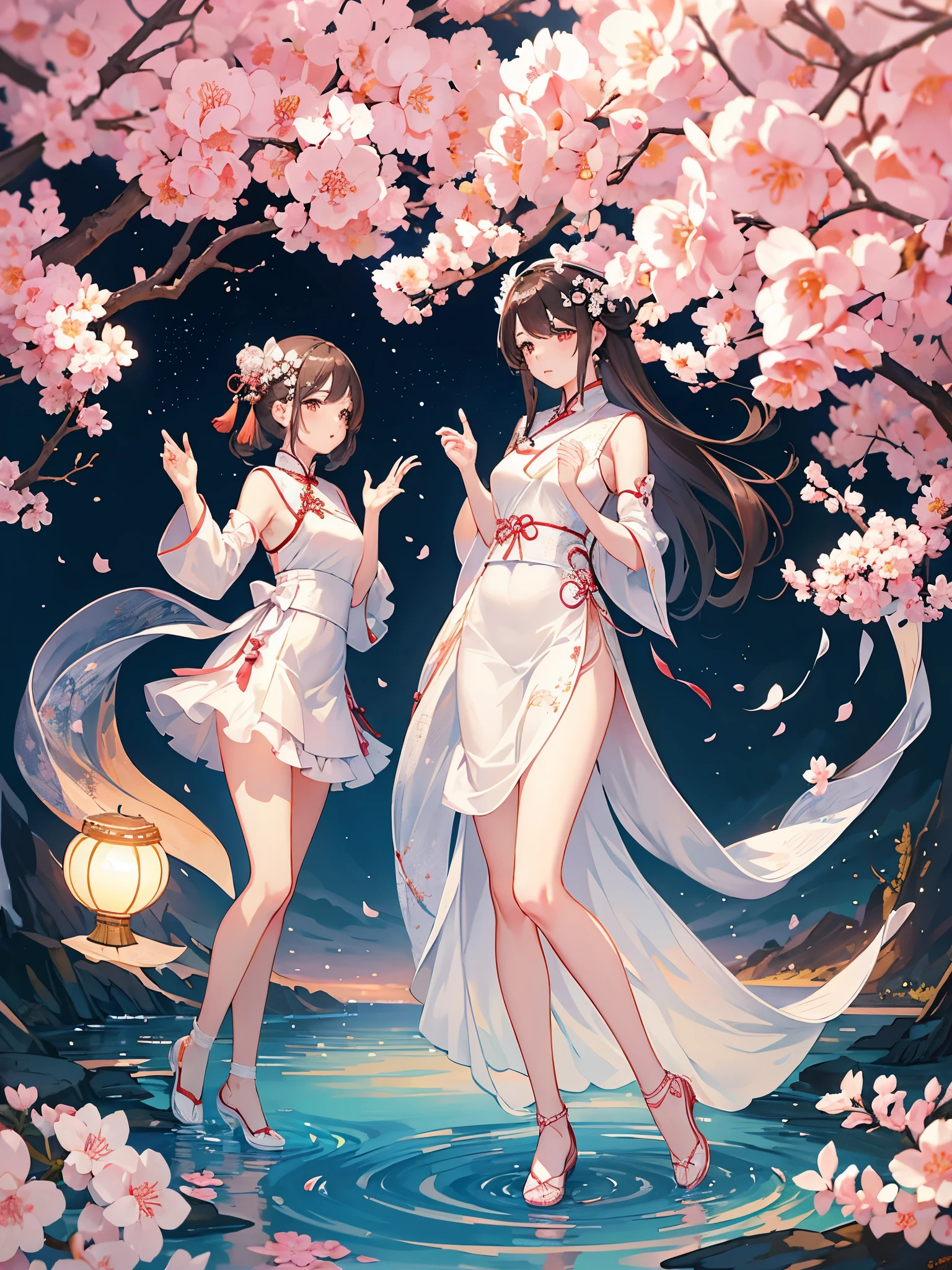 Under the peach blossom tree,With the moon as a background,The sky is filled with stars as a backdrop,a girl(Royal sister ,It's like a fairy)Wearing white silk(White in red,Key points reflected),Transparent apron(Traditional Chinese costume)Cloth shoes on their feet。perfect body proportions。Character expression settings:Blushing shyly。Action settings:坐在Under the peach blossom tree,Looking forward to people from afar。The composition of the picture is very reasonable and the composition meets the above requirements.