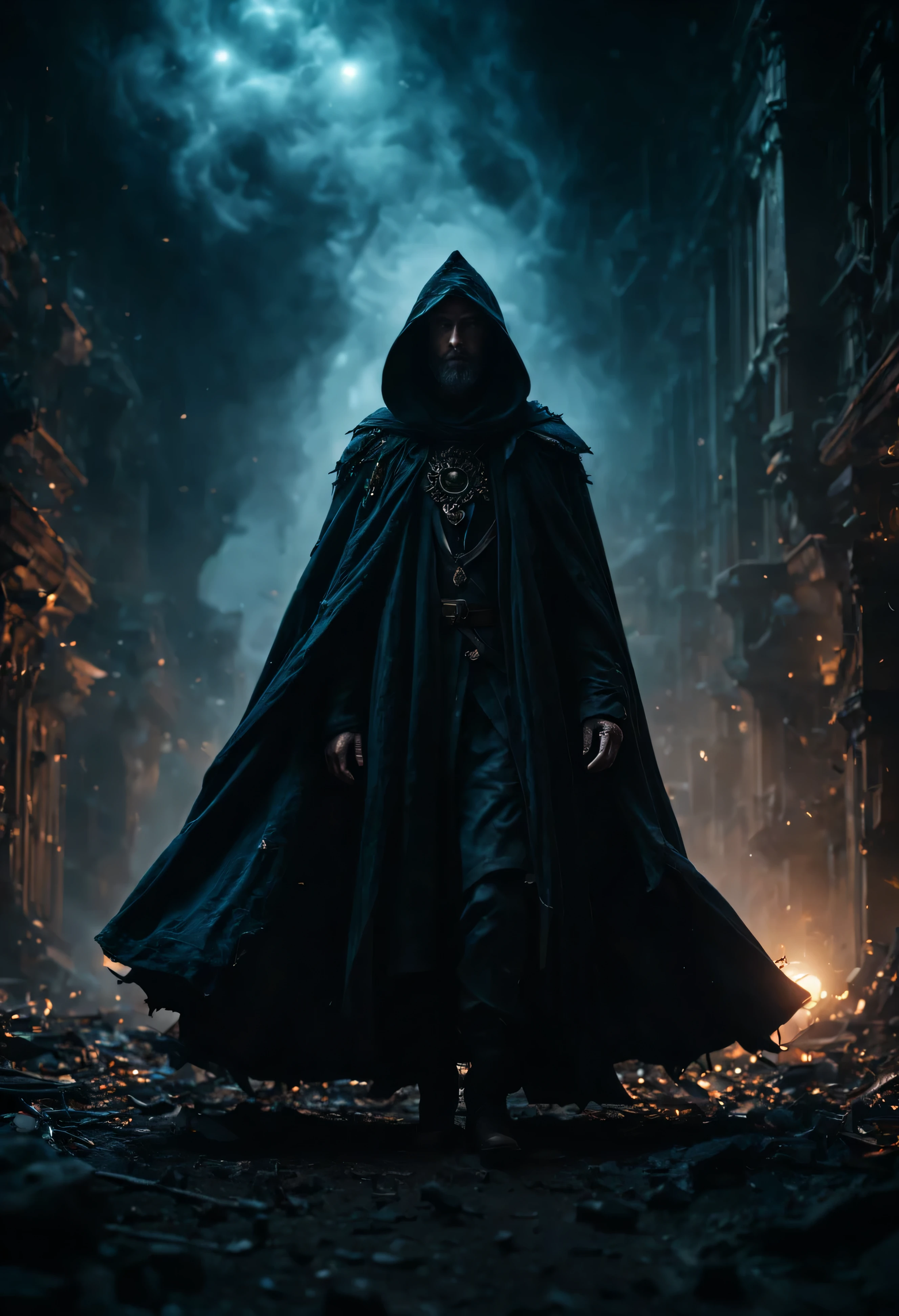 A cosmic nomad traversing the stars, their cloak billowing behind them as they explore the unknown depths of the universe. High quality, high resolution, cinematic, dark, vapor, abandoned, conceptual hyper-aesthetic dramatic ambience. 16k, extreme detail, fine textures, ((dark shadows)), dark, sharp lines, ((time the revelatory)), vivid colors. beautiful. revealing.  masterpiece.  vibrant.  (back lighting).  (void:1.2). (perspective:1.3).  (wind:1.1).  (tang:1.1). (time:1.4). (decay:1.3). (fog:1.1). (ruin:1.1) Shot on a Hasselblad high format camera with a 100mm lens, this portrait is a stunning example of visual storytelling, this cinematic. (35mm, F/2.8) Photo Focus, DOF, Aperture, and hyper-maximalist rendering bring this scene to life in stunning detail. This image captures every nuance and expression, It's a stunningly realistic and visually descriptive piece. The composition is expertly crafted, with global illumination adding a sense of depth and dimension.