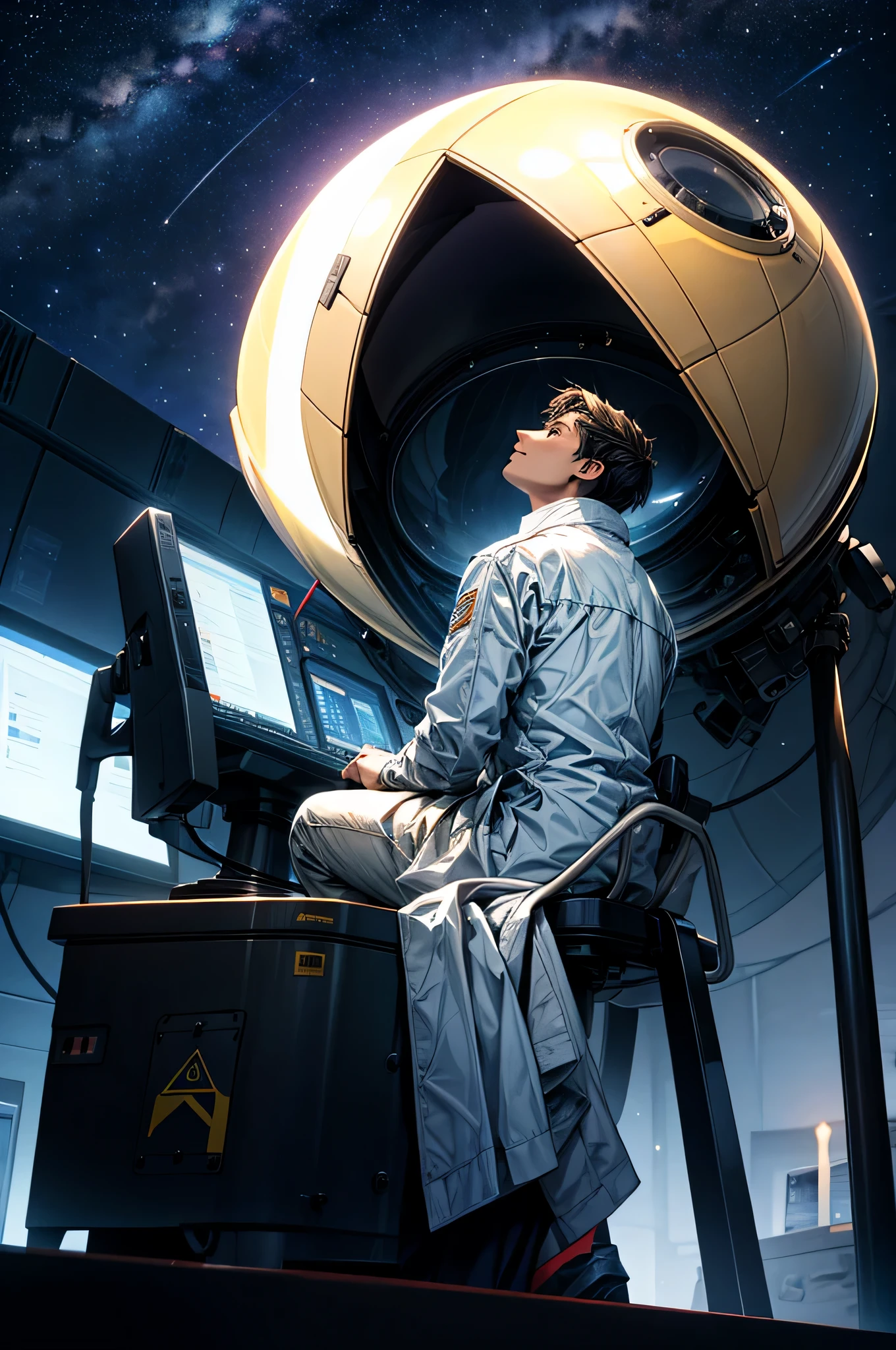 A lone scientist stargazing for signs of extraterrestrial life at a remote observatory