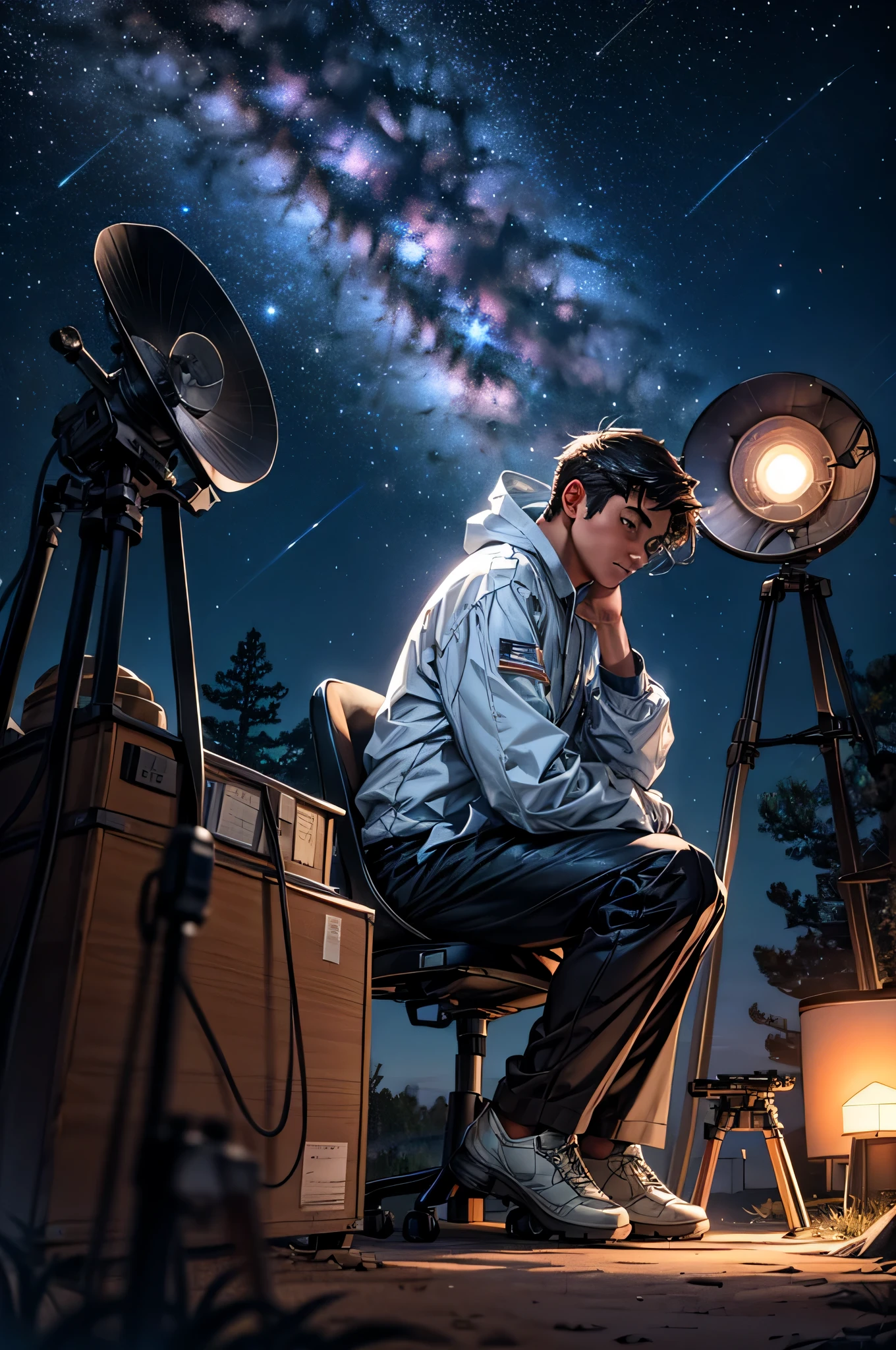 boy listening to music on the moon
