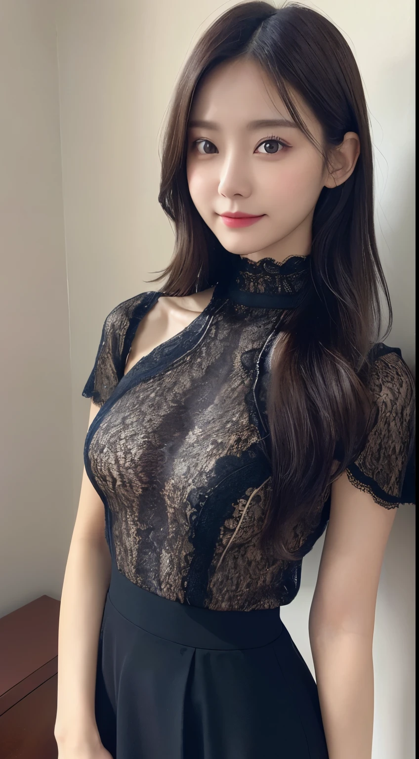 (High neck all lace costume、ample breasts、get sexually excited、take your legs out of the skirt、very thin waist)、(bold sexy pose,19 years old,no makeup)、(highest quality,masterpiece:1.3,ultra high resolution,),(Super detailed,caustics),(Photoreal:1.4,RAW shooting),ultra-realistic capture,very detailed,High resolution 16K resolution perfect for human skin、 natural skin texture、Skin tone looks even and healthy、 Use natural light and color、one woman,japanese girl,smile,cute,black hair,medium hair,(depth of field、chromatic aberration、wide range of lighting、natural shading)
