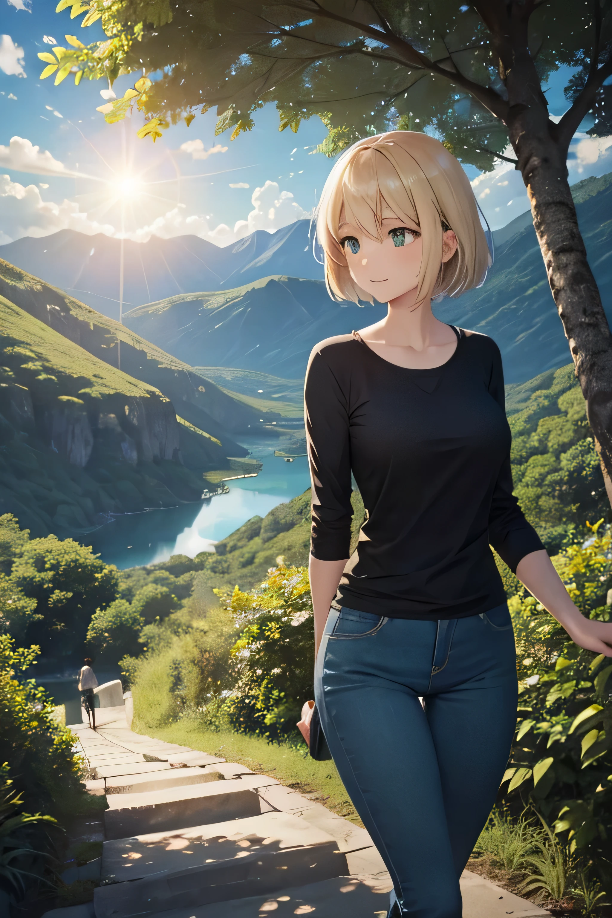 blue_sky, 건water, bush, cliff, cloud, cloudy_sky, afternoon, forest, grass, horizon, Home, jungle, lake, lens_flare, light_beam, mountain, Nature, outdoors, path, 소tree_tree road, eyesight, sky, sun, sunbeam, sunlight, sunset, tree, tree_shade, water, (female:1.4), blonde hair, (green eyes:1.2), Tight pants, black tshirt, walking, Short hair, alone, laugh, Hands behind the body