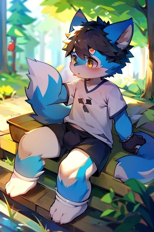 Cute little golden wolf fox,big tail,White T-shirt,black shorts,slippers,blush,瑟瑟。