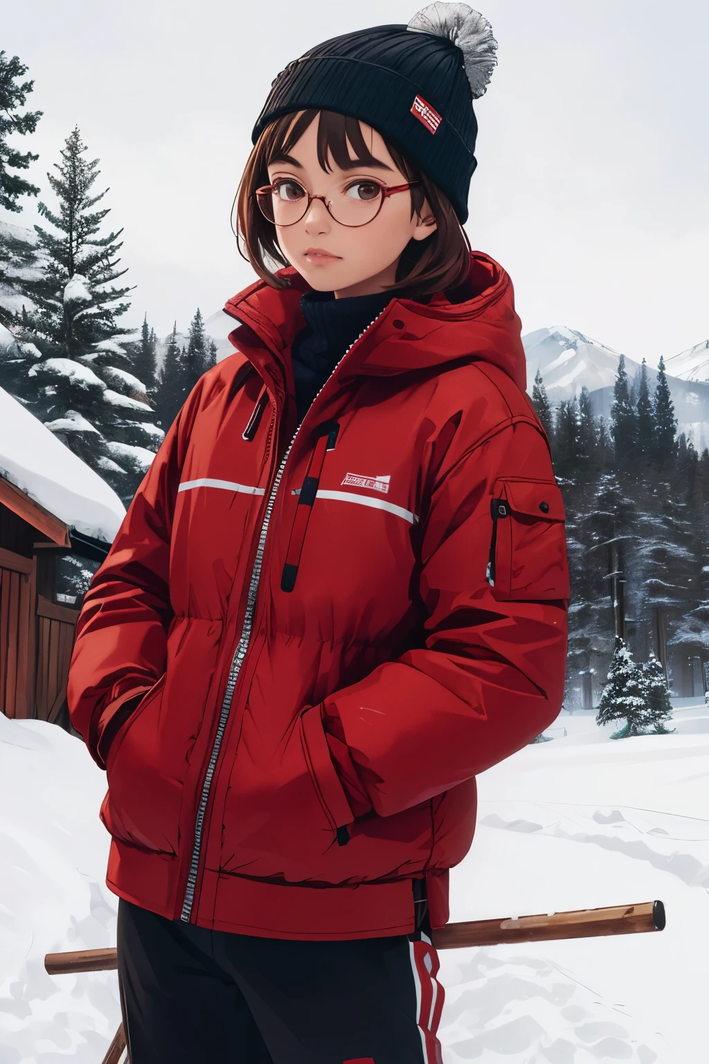 ((best quality)), ((masterpiece)), (detailed), perfect face, teenage brown girl, short hair, golden glasses, cream beanie, girl, dark brown skiing jacket, red skiing gloves, white sweatpants, red skiing gliders with red and black skiing sticks on a backdrop of snow with a wooden cabin with a snowy roof on the left and a few pine trees on the right. standing and look slightly to the left. full photo. digital art. Girl