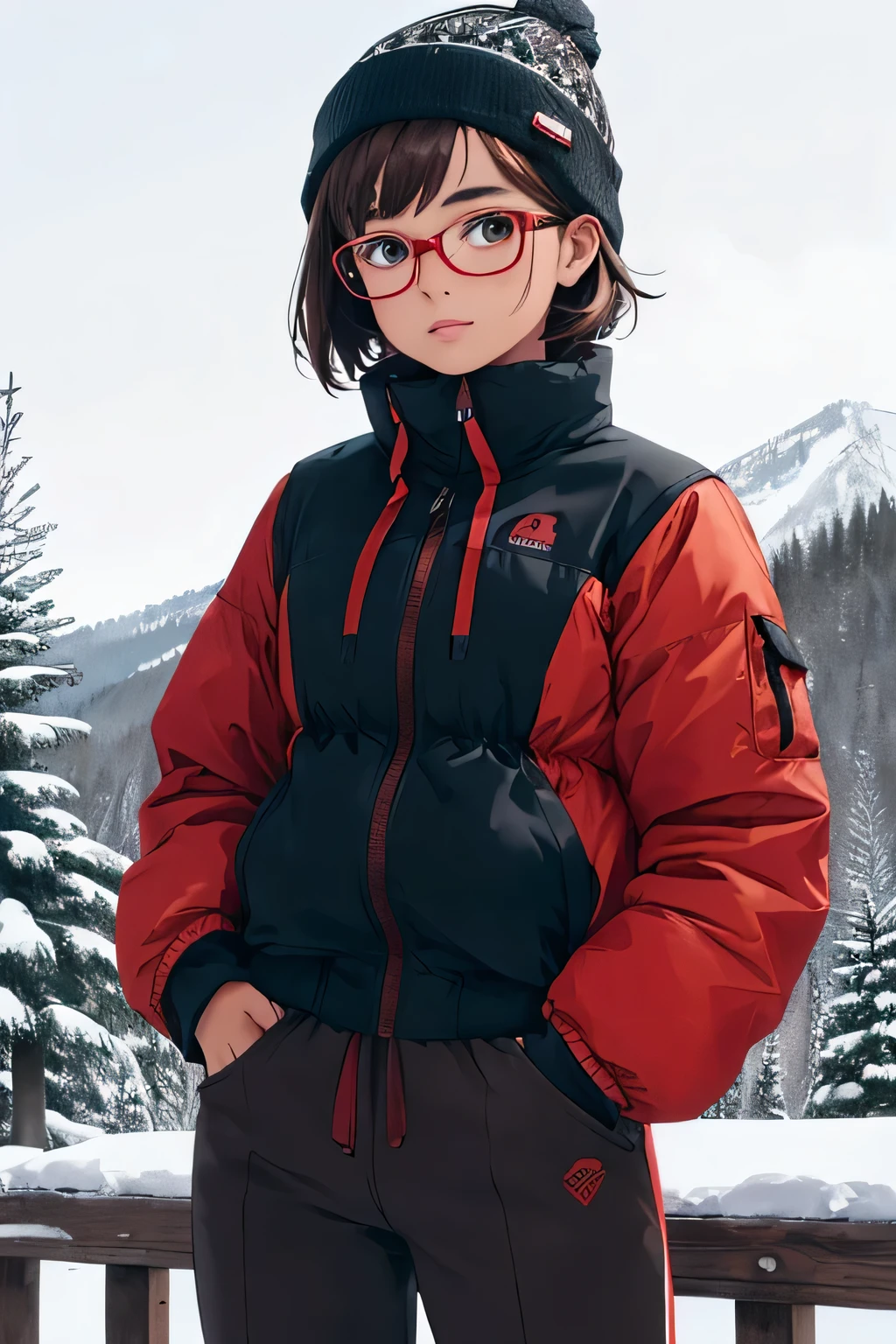 ((best quality)), ((masterpiece)), (detailed), perfect face, age brown girl, short hair, golden glasses, cream beanie, girl, dark brown skiing jacket, red skiing gloves, white sweatpants, red skiing gliders with red and black skiing sticks on a backdrop of snow with a wooden cabin with a snowy roof on the left and a few pine trees on the right. standing and look slightly to the left. full photo. digital art. Girl