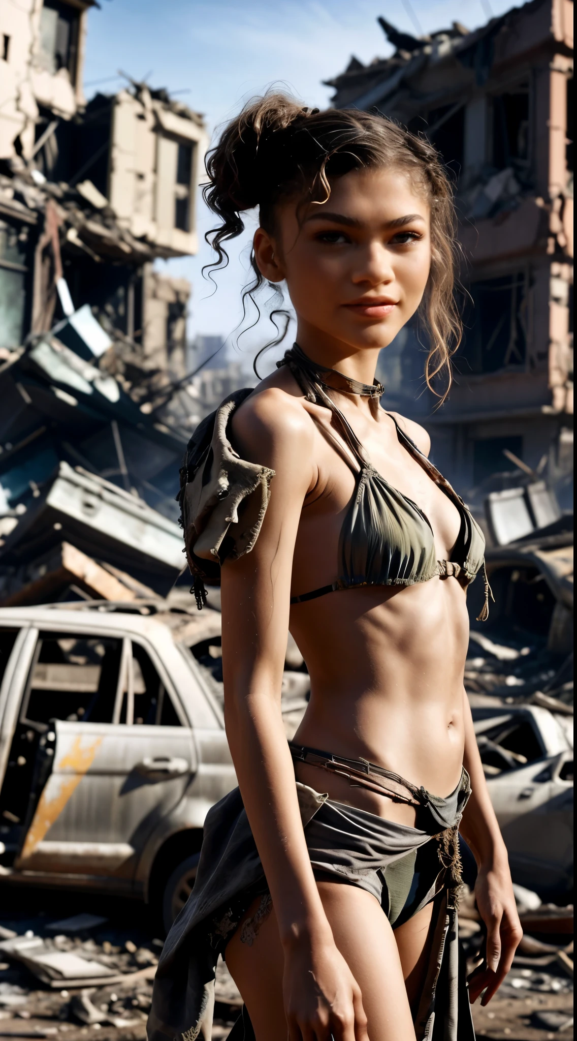 Generate an image featuring Zendaya in a post-apocalyptic setting, exuding a strong and resilient presence. Dress her in a combination of a bikini and tattered military gear, capturing the essence of survival in a destroyed area. The attire should reflect the post-apocalyptic vibe, with Zendaya standing confidently in a textured chignon hairstyle.

Place her within the remnants of a post-apocalyptic city or wasteland, creating a realistic portrayal of the aftermath. Despite the setting, maintain Zendaya's facial features, body size, and height (5'10" or 1.78 m) to ensure a faithful representation.

Emphasize the destroyed clothes, incorporating elements that resonate with a post-apocalyptic Tokyo. Capture the essence of survival, resilience, and strength in Zendaya's expression and posture. The result should be a visually impactful image that combines elements of post-apocalyptic attire with Zendaya's distinct features and a Textured Chignon hairstyle.