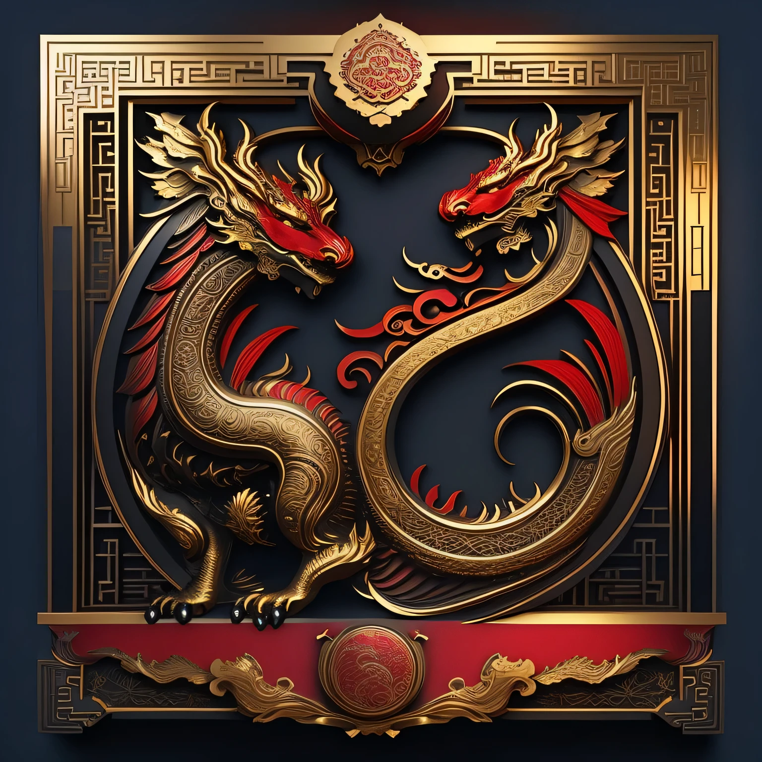 crimson and gold, Chinese dragon, head, sculpture, matte deep red, gold plated, Volume shadow, Artificial pattern, Surrounded by an intricate decorative border, matte deep red and gold ornament, Very detailed digital art, 3d rendering, 16