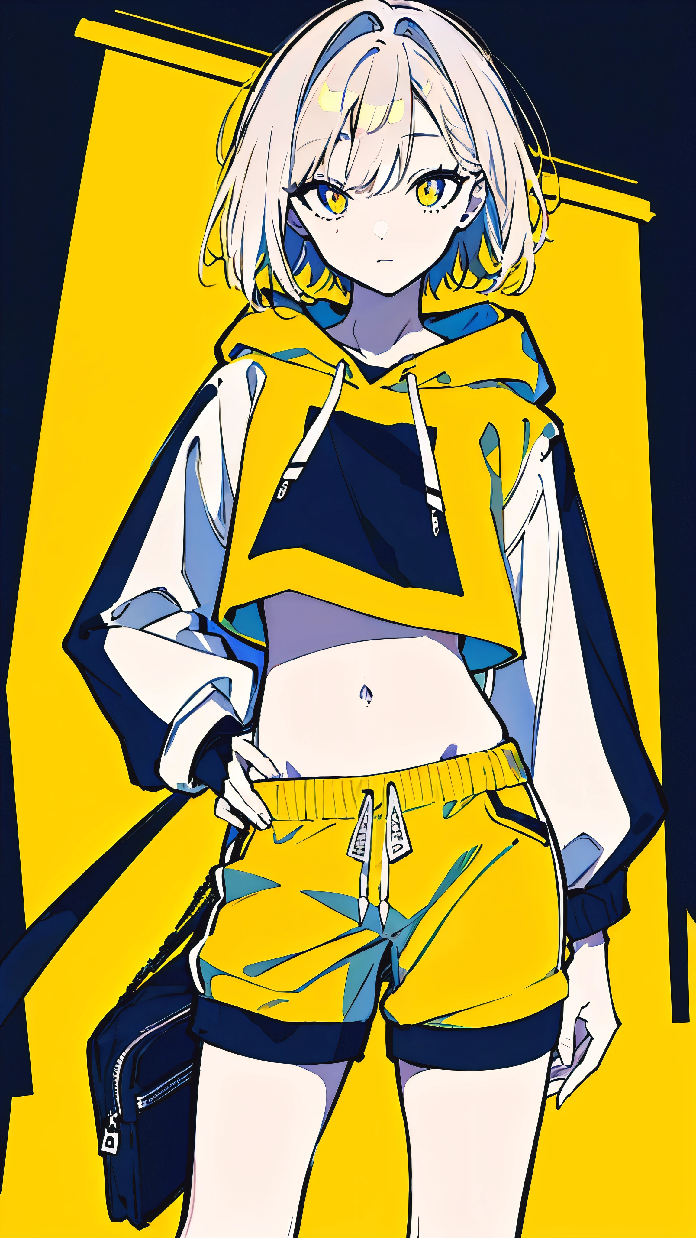 (masterpiece, highest quality:1.6), alone, thick outline, (simple background, Dark yellow background, monochrome, dark yellow theme:1.2), official art, Key Visual, 8K, confused, whole body, (Unique hair, oversized hoodie, hot pants, arch back, short torso:1.2), belly button, thighs, cowboy shot, HDR, sharp focus, High resolution, most detailed, very detailed, Super detailed, finely, detailed eyes and face, sharp pupils, realistic student, alone