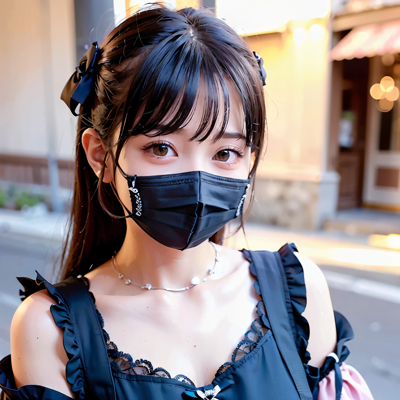 masutepiece, Best Quality, 1girl in,(jirai kei:1.3),Black hair,(Striped pink hair),Twin tail,(makeup:1.2),(Mouth mask:1.1),Earring,Necklace,Nail,(wearing sweater:1.3),huge-breasted,(holding smartphone),angry looking face,Street,