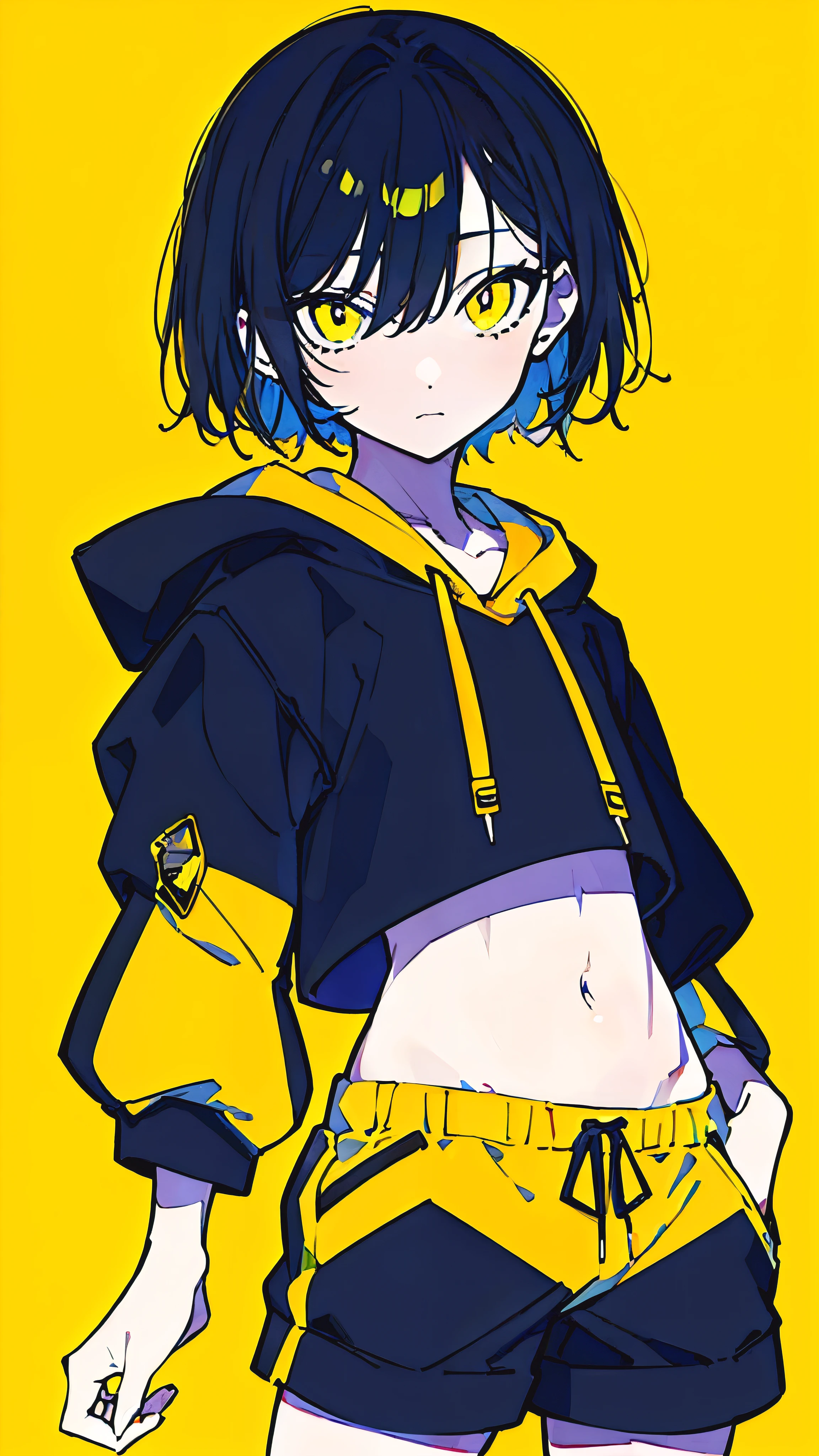 (masterpiece, highest quality:1.6), alone, thick outline, (simple background, Dark yellow background, monochrome, dark yellow theme:1.2), official art, Key Visual, 8K, confused, whole body, (Unique hair, oversized hoodie, hot pants, arch back, short torso:1.2), belly button, thighs, cowboy shot, HDR, sharp focus, High resolution, most detailed, very detailed, Super detailed, finely, detailed eyes and face, sharp pupils, realistic student