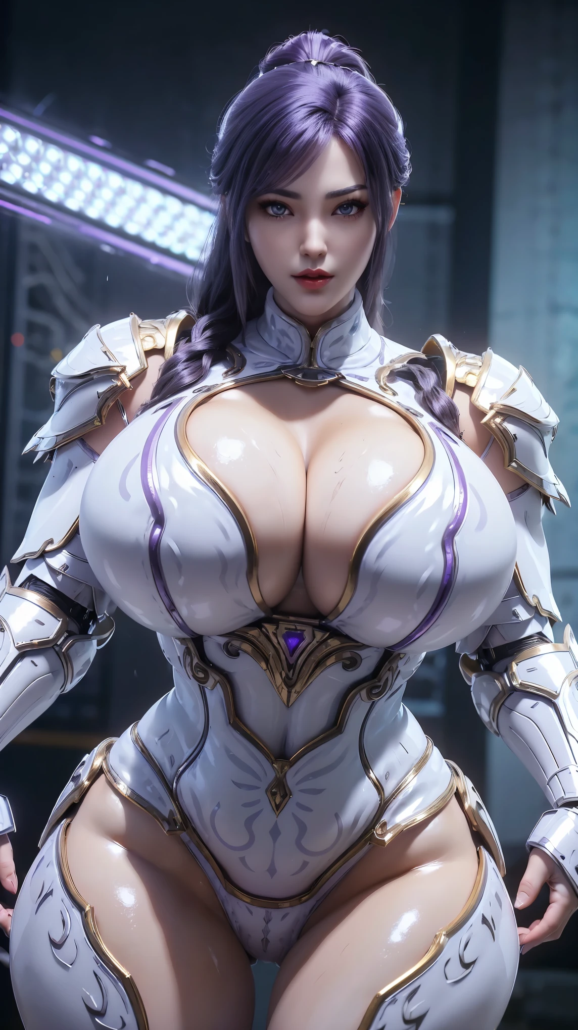 A BUSTY MILF, CLOSE UP UPPER BODY,SOLO,(BEAUTY BLACK HAIR, GOLD DRAGON HORN), (MASSIVE FAKE BOOBIES,CLEAVAGE TOP,MUSCULAR ABS:1.5), ((WEARING OUTFIT MECHA (LED PURPLE,WHITE,BLACK SNINY),BIKINI ARMOR:1.5)),(CURVY VOLUPTUOUS BODY SHAPE:1.5), (SWEATY GLOSSY BODYSKIN:1.5), (LOOKING AT VIEWER:1.6), (BACKGROUND FUTURISTIC SPACE STATION:1), (PHOTOREALSITIC:1.4), (ULTRA-DETAILLIERT), (TOP-QUALITY), (BEST SHADOWS), BRIGHT LIGHT IN ROOM, HYPER TEXTURE, (4X MSAA), ((UNREAL ENGINE 5 RENDER)), PHYSICALLY-BASED RENDERING, ULTRA HIGHT DEFINITION, 16K, 1080P.