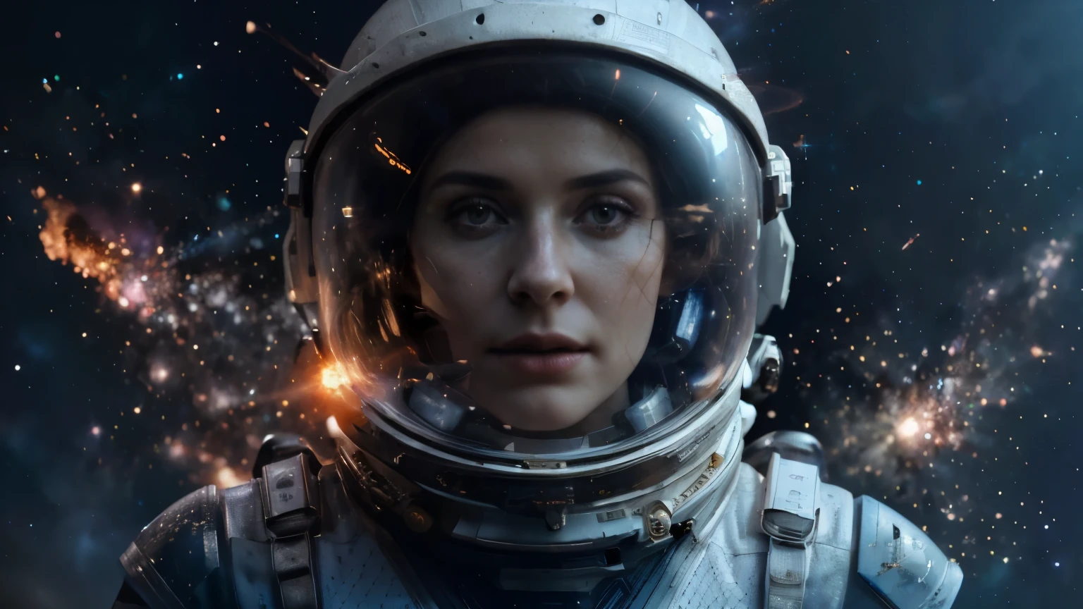 arafed image of a woman in a space suit with a fireball in the background, portrait armored astronaut girl, highly detailed vfx portrait of, highly detailed vfx portrait, portrait of an ai astronaut, wojtek fus, beautiful woman in spacesuit, portrait of a sci - fi woman, sci-fi cinematic movie still, portrait beautiful sci - fi girl, woman astronaut