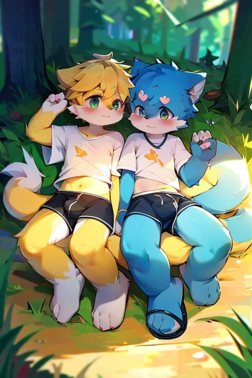 Cute little golden wolf fox，big tail，golden retriever color，White T-shirt，black shorts，slippers，blush，瑟瑟。