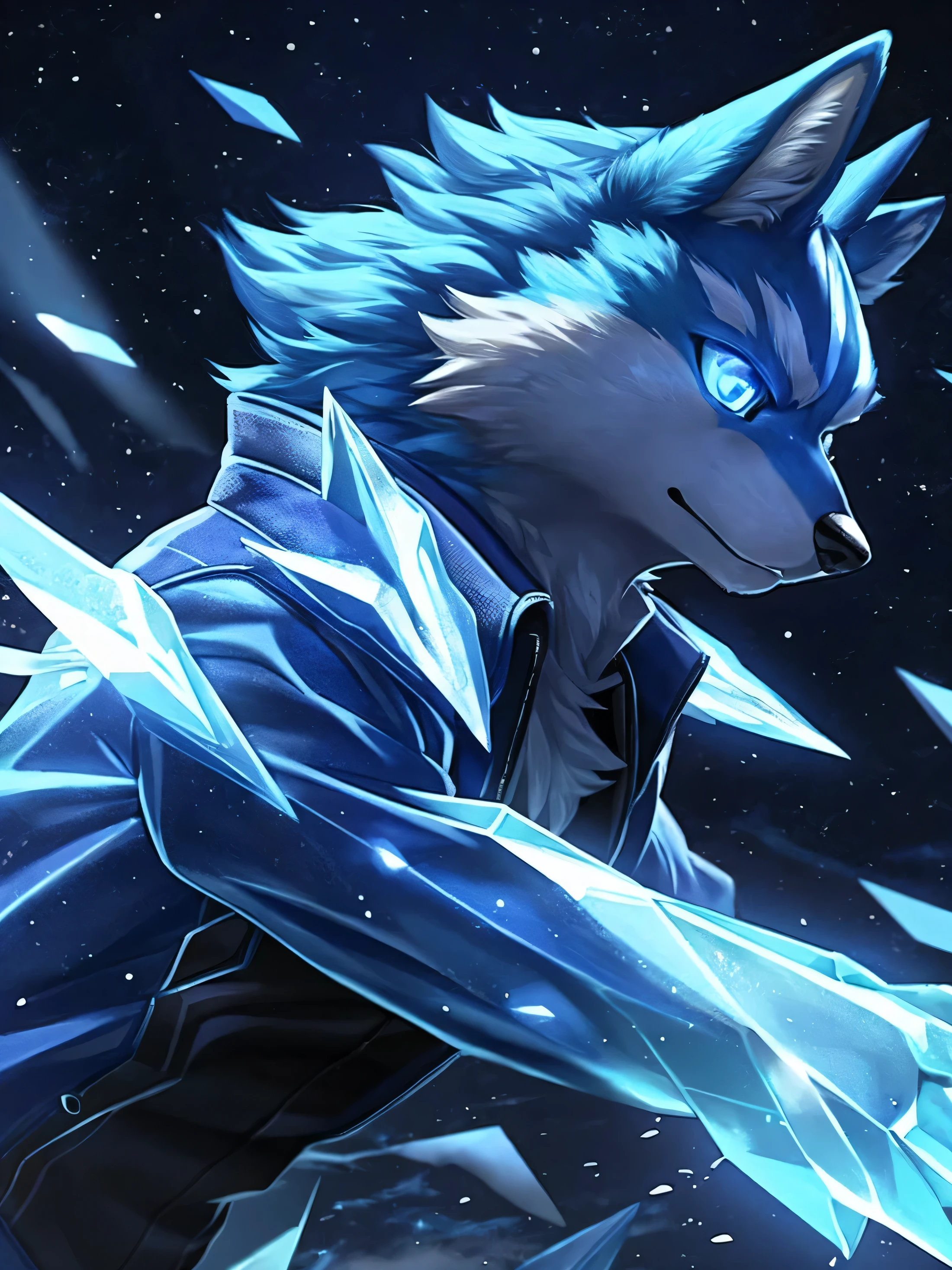 crystal, Star Fox, male, (detailed), fluffy, alone, charming,Cute and cute, realism, ((clear structural details)), Meticulous and pragmatic, exquisite eyes, (绿松石blue的瞳孔), (( Lapis lazuli glowing eyes)), high quality, high detail, Fine hairs, ((The tail is in the right position) ,jacket,blue,