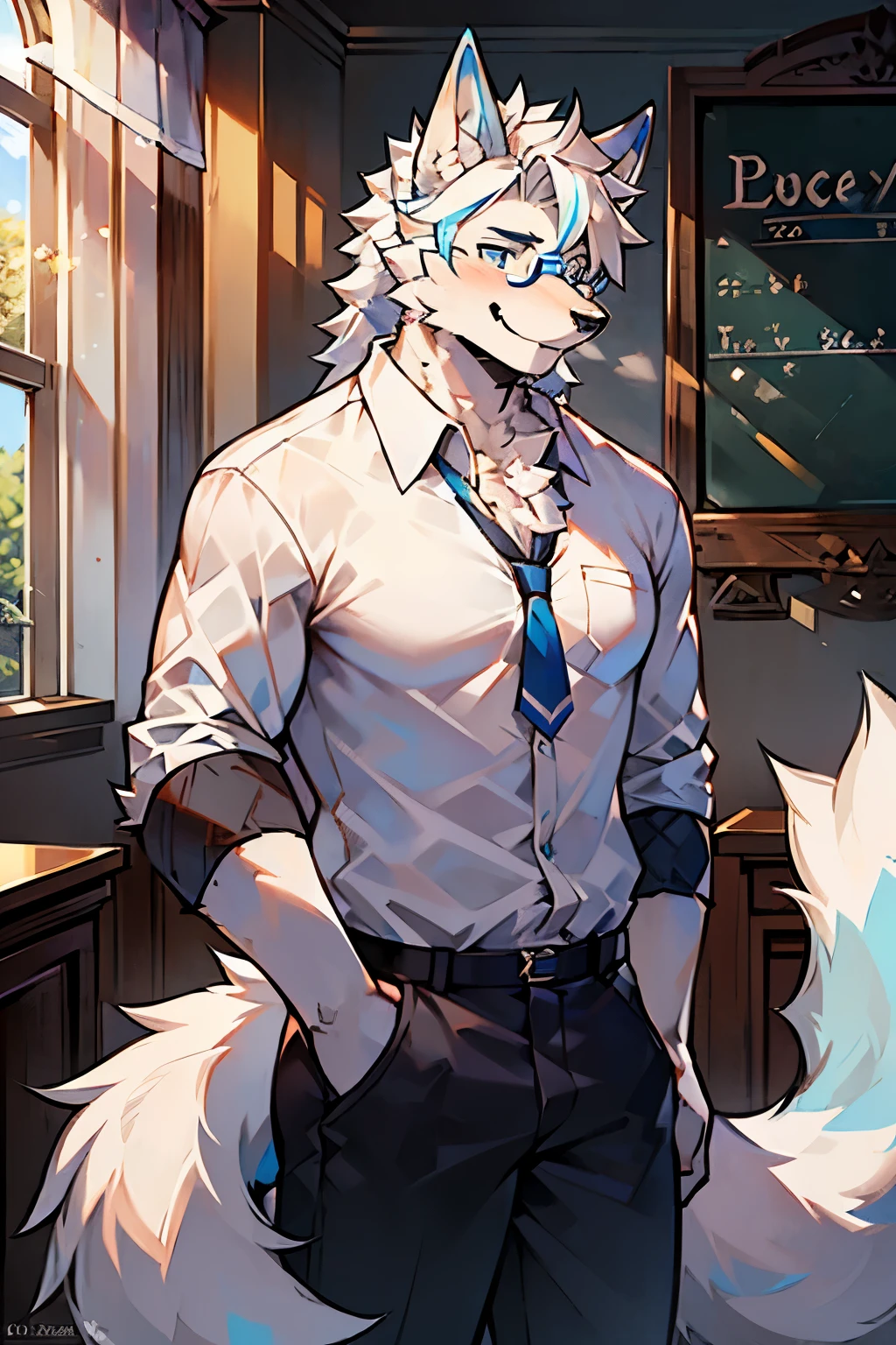 the only person,hairy male,hairy body,exhibit,Coyotes,canine,Blue-white fur,long white hair,The ends of the hair are purple,blue eyes,being bullied,Lovely,Handsome,big tail,all men love,at class room,is a male math teacher,Write blackboard words,White shirt,Perfect glasses