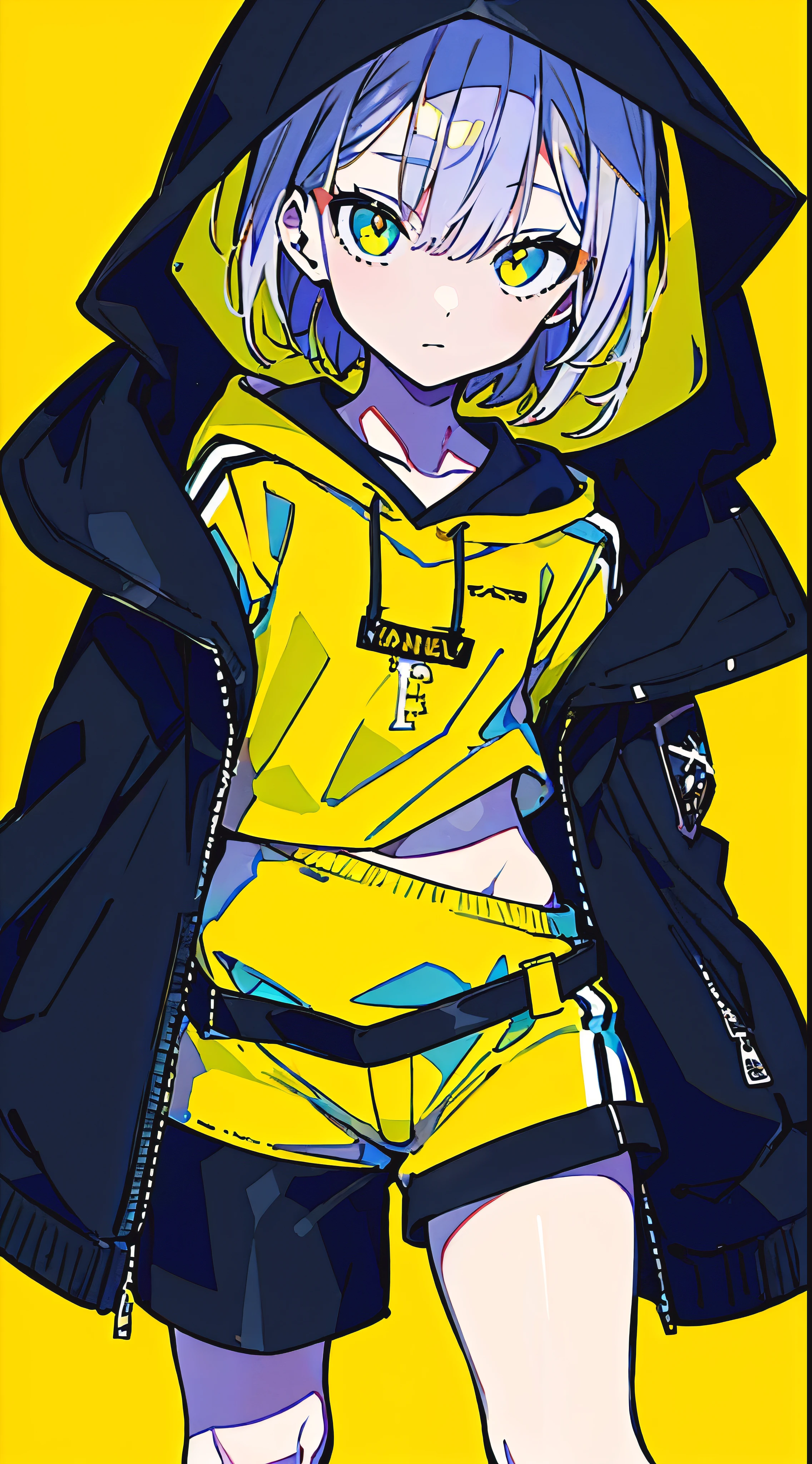 (masterpiece, highest quality:1.6), alone, thick outline, (simple background, Dark yellow background, monochrome, dark yellow theme:1.2), official art, Key Visual, 8K, confused, whole body, (Unique hair, oversized hoodie, hot pants, arch back, short torso:1.2), belly button, thighs, cowboy shot, HDR, sharp focus, High resolution, most detailed, very detailed, Super detailed, finely, detailed eyes and face, sharp pupils, realistic student