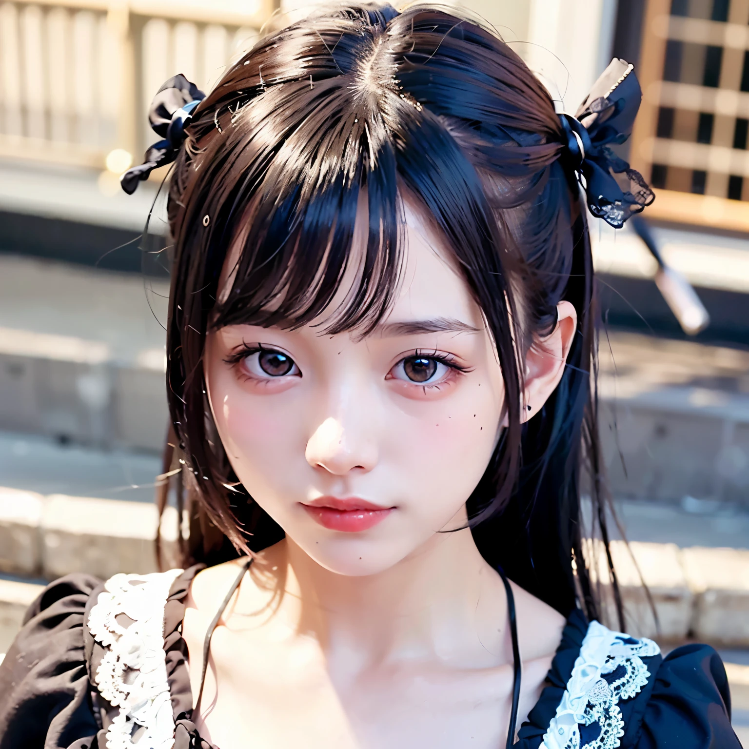(realistic, photo-realistic:1.37), incredibly absurd, (Extremely detailed:1.3), 8K, (masterpiece), (highest quality:1.4), (ultra high resolution:1.2), (RAW photo:1.2), super detailed background, (unity 8K wallpaper), 1 nogizaka girl, So cute, (bishojo:1.35), (17yo:1.4), (white, black and pink mine fashion), (A delicate and beautiful face, eyes, and skin), (Beautiful dress with delicate details), Gothic Maid, (dense black shiny hair), (elegant frills), (blue rose hair accessories), (smile at the camera), whole body, Street view, professional lighting, 1 girl, ((black mask)), (Light pink hair)