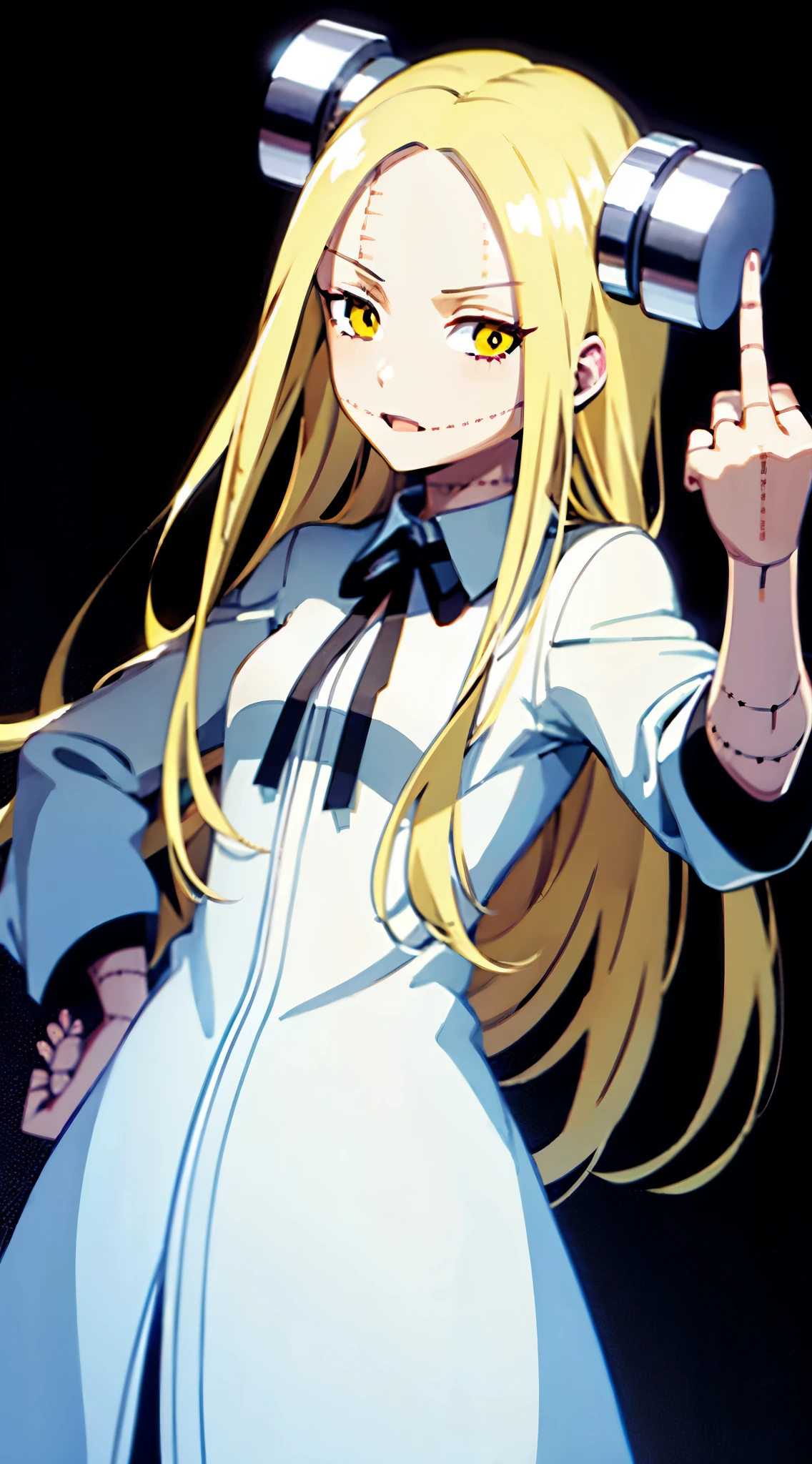 Fran,young woman,white robe ,wrinkles,((shows the middle finger)),angry, long hair , yellow hair,seams , Scars on the body , A creepy look , scary eyes ,creepy smile ,