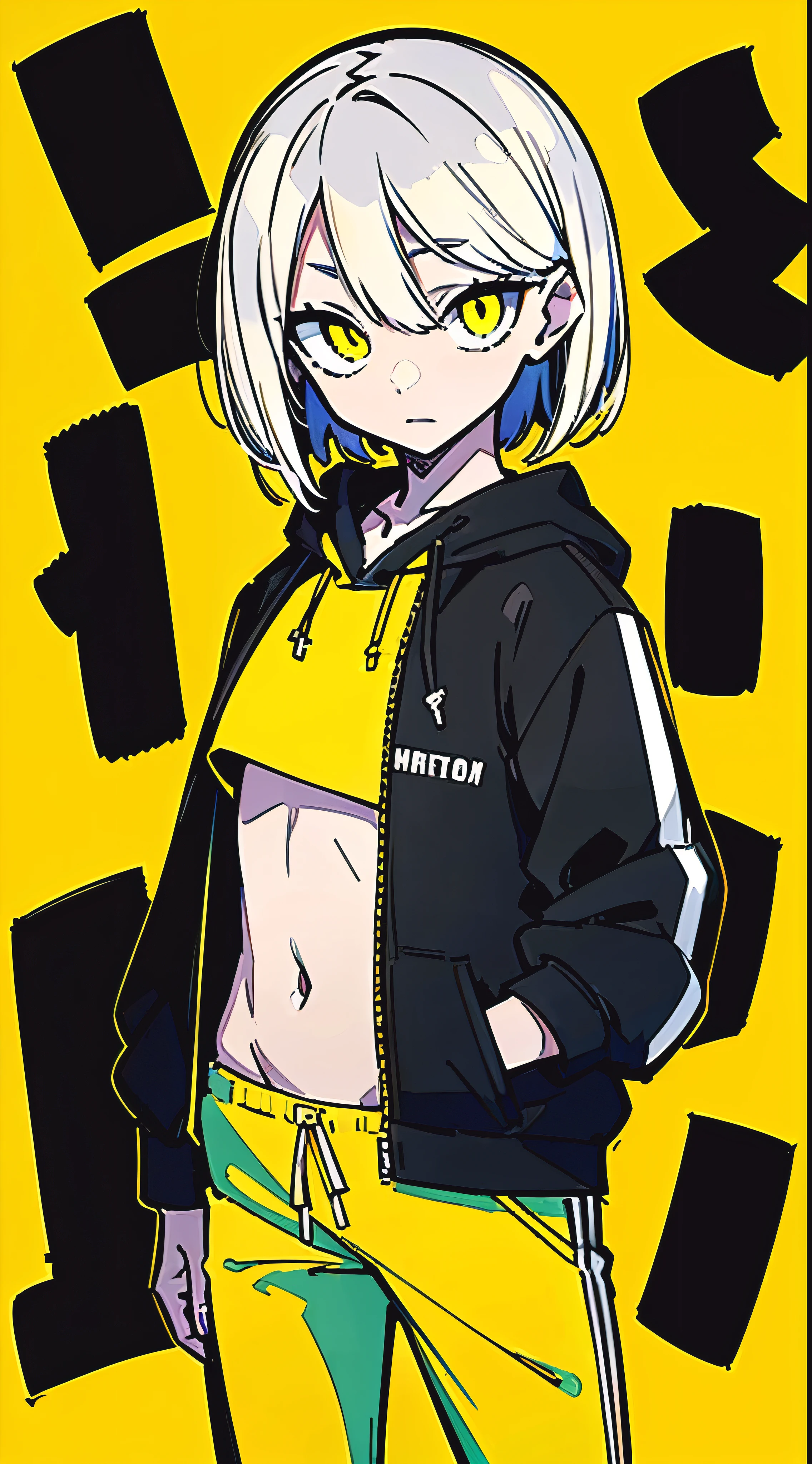 (masterpiece, highest quality:1.6), alone, thick outline, (simple background, Dark yellow background, monochrome, dark yellow theme:1.2), official art, Key Visual, 8K, confused, whole body, (Unique hair, black oversized hoodie, The hoodie has black letters., Yellow hot pants, arch back, short torso:1.2), belly button, thighs, cowboy shot, HDR, sharp focus, High resolution, most detailed, very detailed, Super detailed, finely, detailed eyes and face, sharp pupils, realistic student