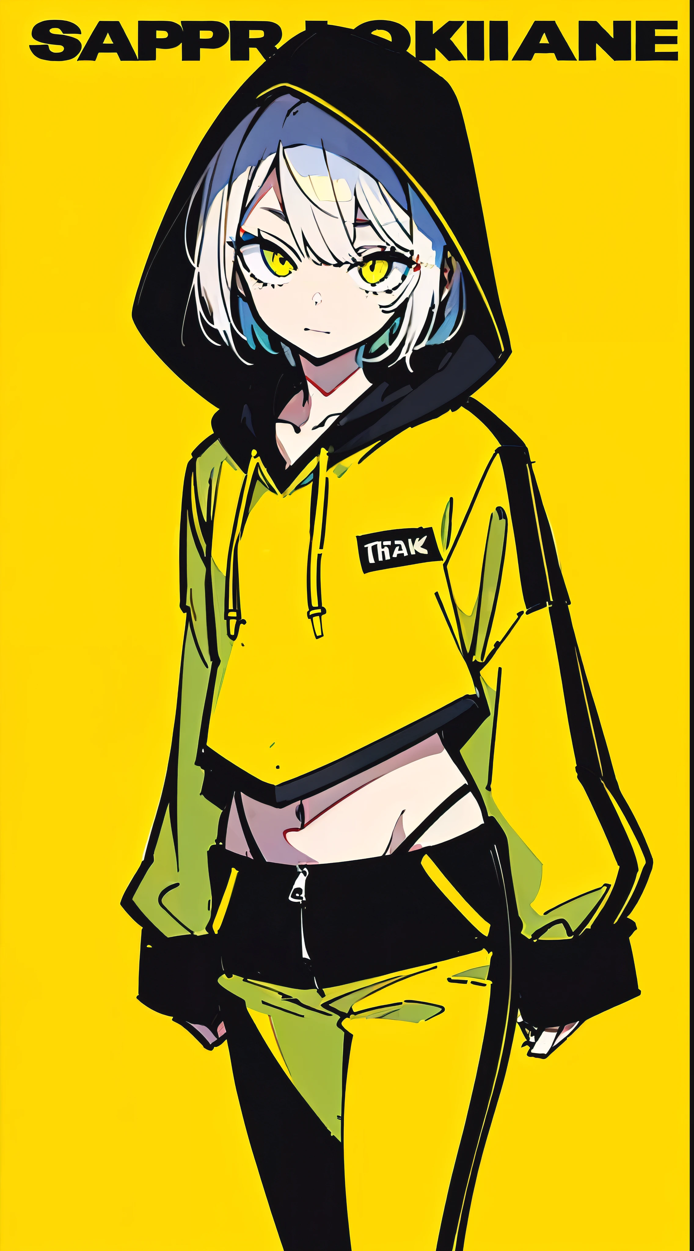 (masterpiece, highest quality:1.6), alone, thick outline, (simple background, Dark yellow background, monochrome, dark yellow theme:1.2), official art, Key Visual, 8K, confused, whole body, (Unique hair, black oversized hoodie, The hoodie has black letters., Yellow hot pants, arch back, short torso:1.2), belly button, thighs, cowboy shot, HDR, sharp focus, High resolution, most detailed, very detailed, Super detailed, finely, detailed eyes and face, sharp pupils, realistic student