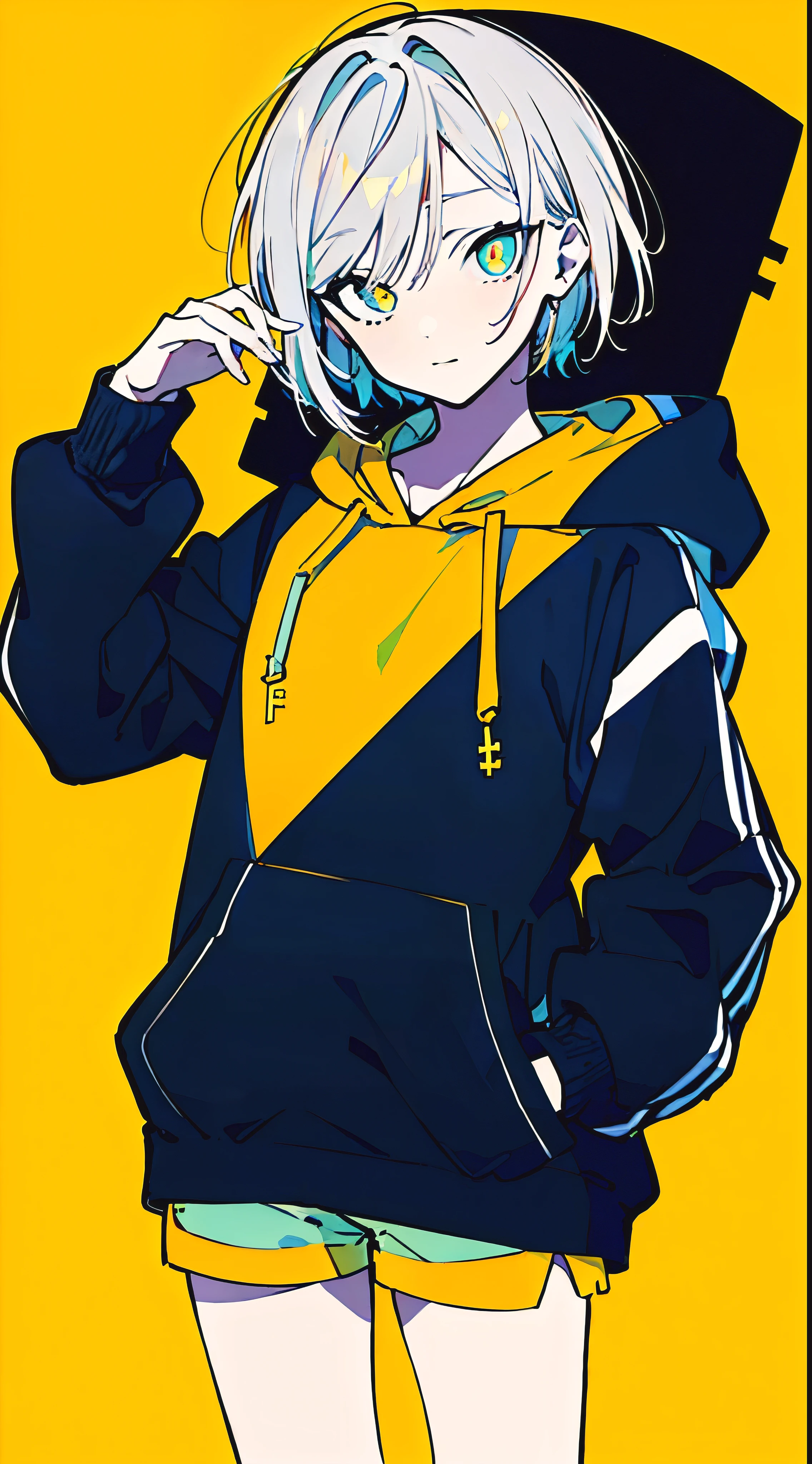 (masterpiece, highest quality:1.6), alone, thick outline, (simple background, Dark yellow background, monochrome, dark yellow theme:1.2), official art, Key Visual, 8K, confused, whole body, (Unique hair, oversized hoodie, hot pants, arch back, short torso:1.2), belly button, thighs, cowboy shot, HDR, sharp focus, High resolution, most detailed, very detailed, Super detailed, finely, detailed eyes and face, sharp pupils, realistic student, alone, contrast between yellow and light blue