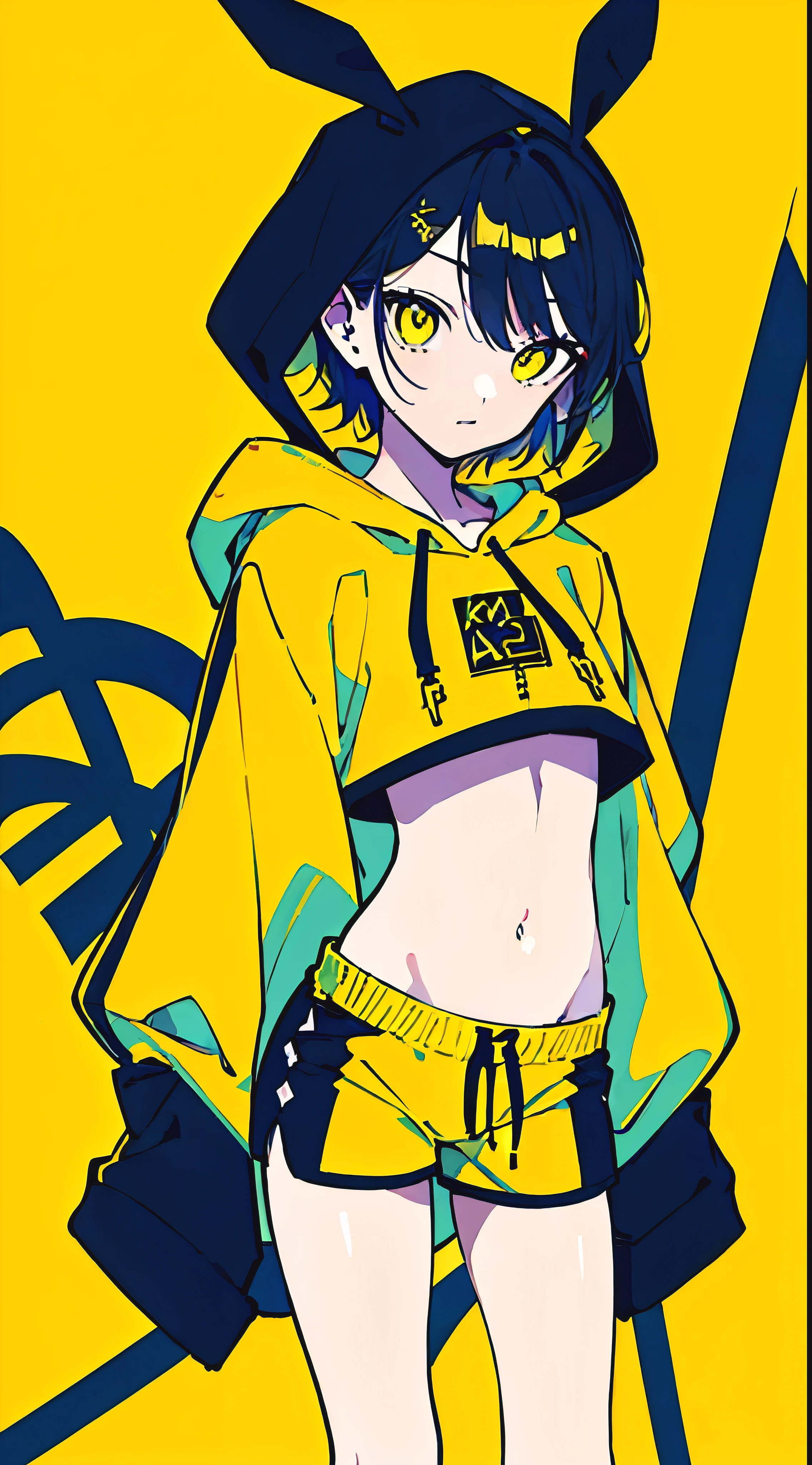 (masterpiece, highest quality:1.6), alone, thick outline, (simple background, Dark yellow background, monochrome, dark yellow theme:1.2), official art, Key Visual, 8K, confused, whole body, (Unique hair, oversized hoodie, hot pants, arch back, short torso:1.2), belly button, thighs, cowboy shot, HDR, sharp focus, High resolution, most detailed, very detailed, Super detailed, finely, detailed eyes and face, sharp pupils, realistic student, alone