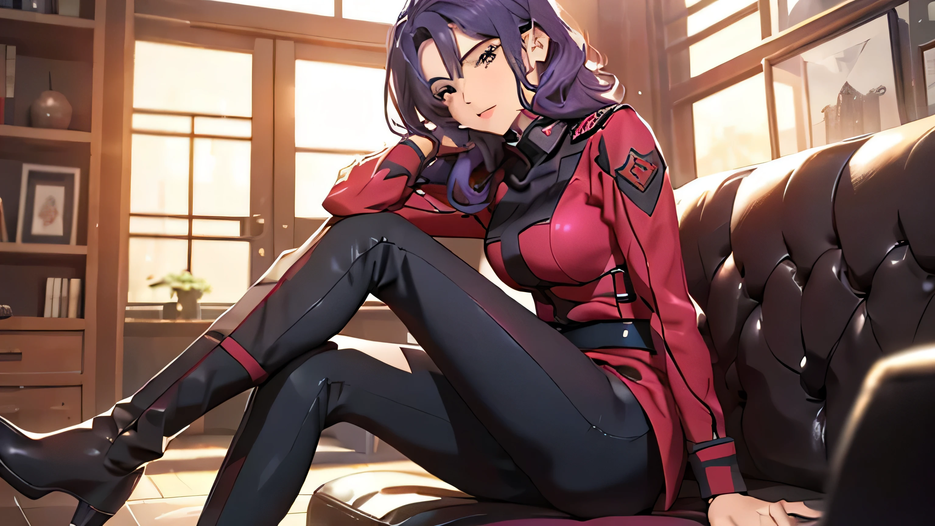 Red,Pink military uniform,（full-body shot），Sitting on the sofa 翘起脚，Focus on the thighs、一个Smile、sit on the chair、legs crossed、knees up,（Brown long high heel riding boots） purple hair ,blue eyes,lipstick, long hair, 1 girl, 20 years,young women,beautiful Finger,beautiful long legs,beautiful body,beautiful Nose,beautiful character design, perfect eyes, perfect face,expressive eyes, looking at the audience, in the center of the image,(Light_Smile:0.5), official art,Extremely detailed CG unified 8k wallpaper, perfect Lighting,rich and colorful,灯Light,有Light泽的皮肤, (masterpiece:1.0),(the best_quality:1.0), 超high resolution,4K,super detailed, photography, 8k, human development report, high resolution, ridiculous:1.2,, film grain, blurRed background, Bokeh:1.2, 镜头Light晕, (Full of energy_color:1.2) (beautiful,Big deal_boobgasm:1.0),(narrow_waist)Full body sitting, wear, elite, velvet, deep Purple, small tie. he himself, boss, momentum, Full HD, ......International Organization for Standardization, Law office with modern design furniture, 包括Black色和灰色皮革软垫的扶手椅, Chrome base tempeRed的 glass coffee table, 实木会议桌搭配Black色皮椅, There is lomo a built-in bookcase，Inside there are law books bound in brown leather. ?" 其 11 叶片圆形Light圈和 XA 镜头元件一起提供了漂亮的Bokeh效果. lomo, 镜头配备Light圈环，You can switch between no-click and no-click actions, a dust and moisture resistant design, and four XD linear autofocus motors，Provides fast and accurate autofocus and tracking. 这款镜头为索尼photography师提供了出色的人像拍摄工具, night view, 和一般photography."legs raised, Sitting on the sofa, Black, Black色高跟鞋