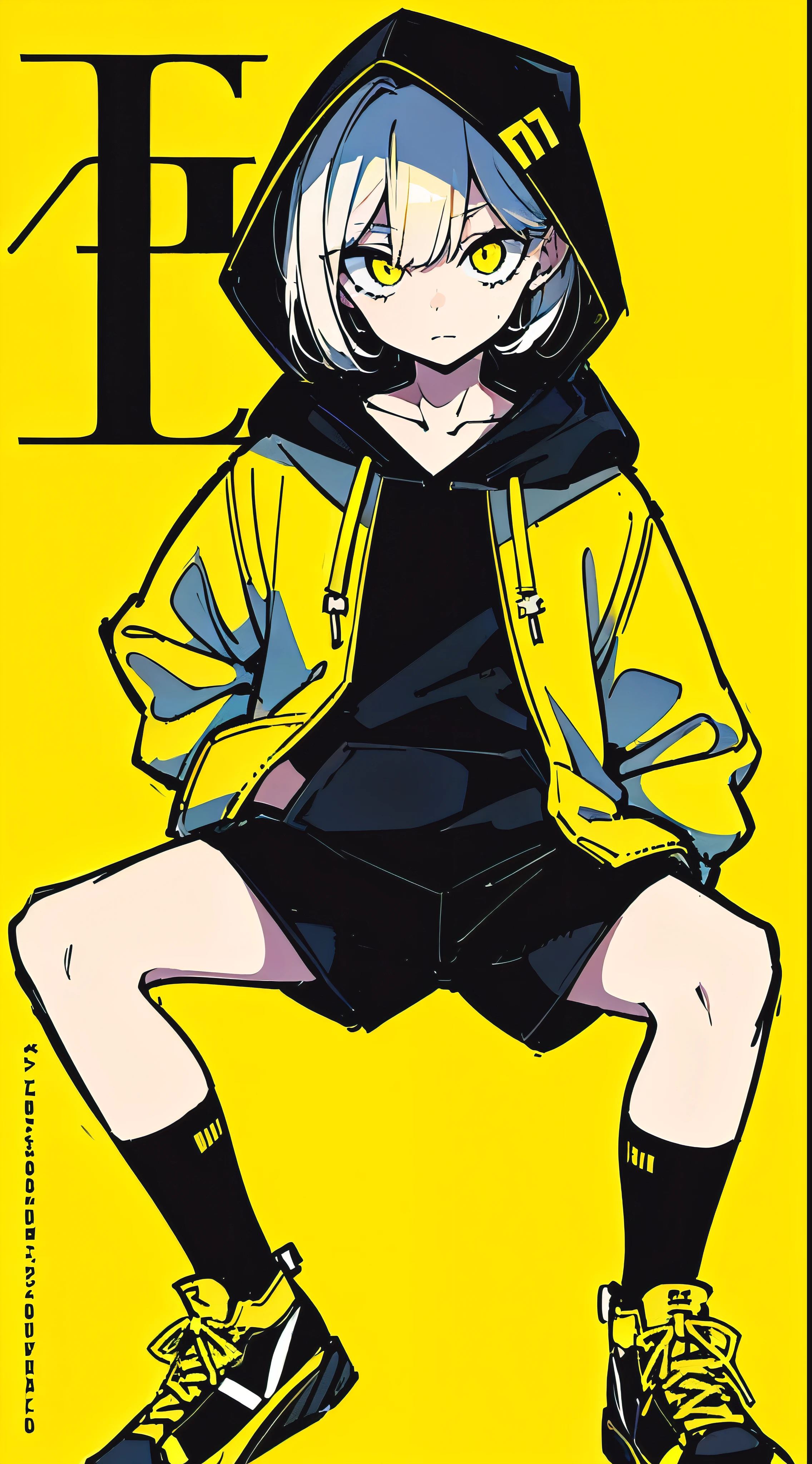 (masterpiece, highest quality:1.6), alone, thick outline, (simple background, Dark yellow background, monochrome, dark yellow theme:1.2), official art, Key Visual, 8K, confused, whole body, (Unique hair, black oversized hoodie, The hoodie has black letters., Yellow hot pants, arch back, short torso:1.2), belly button, thighs, cowboy shot, HDR, sharp focus, High resolution, most detailed, very detailed, Super detailed, finely, detailed eyes and face, sharp pupils, realistic student