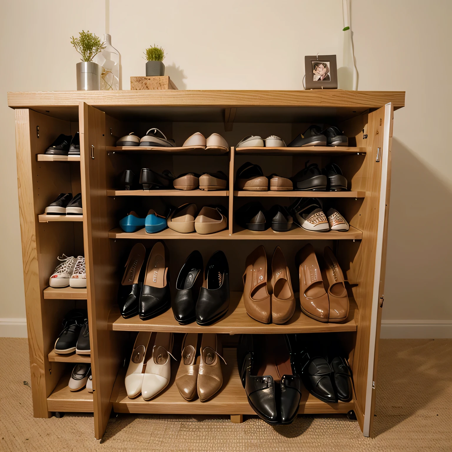 shoe organizers frame, smiling and energetic